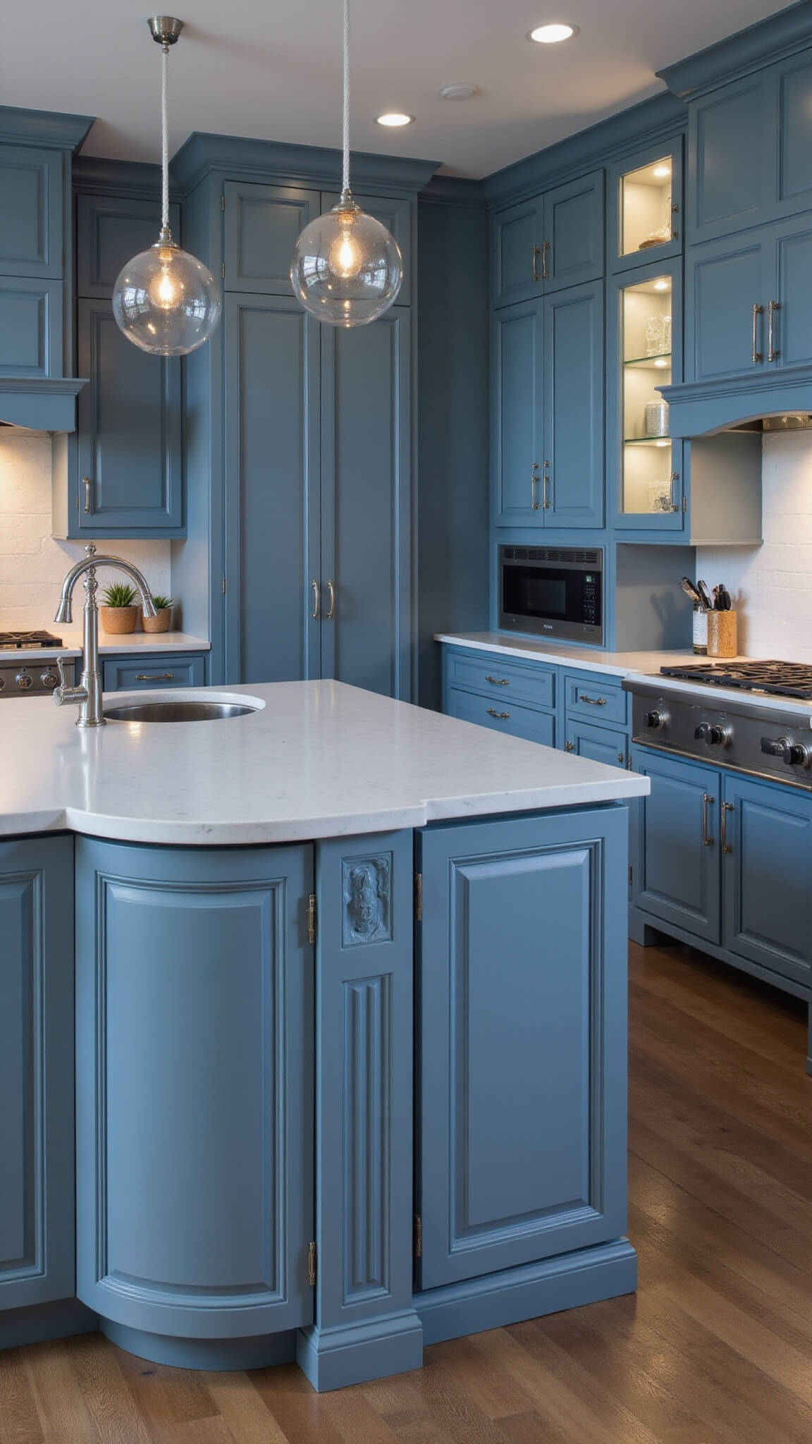 Dusty blue 15x20ft kitchen with curved cabinets, fluted glass, polished nickel accents, and an S-curve island under globe pendant lighting at blue hour.