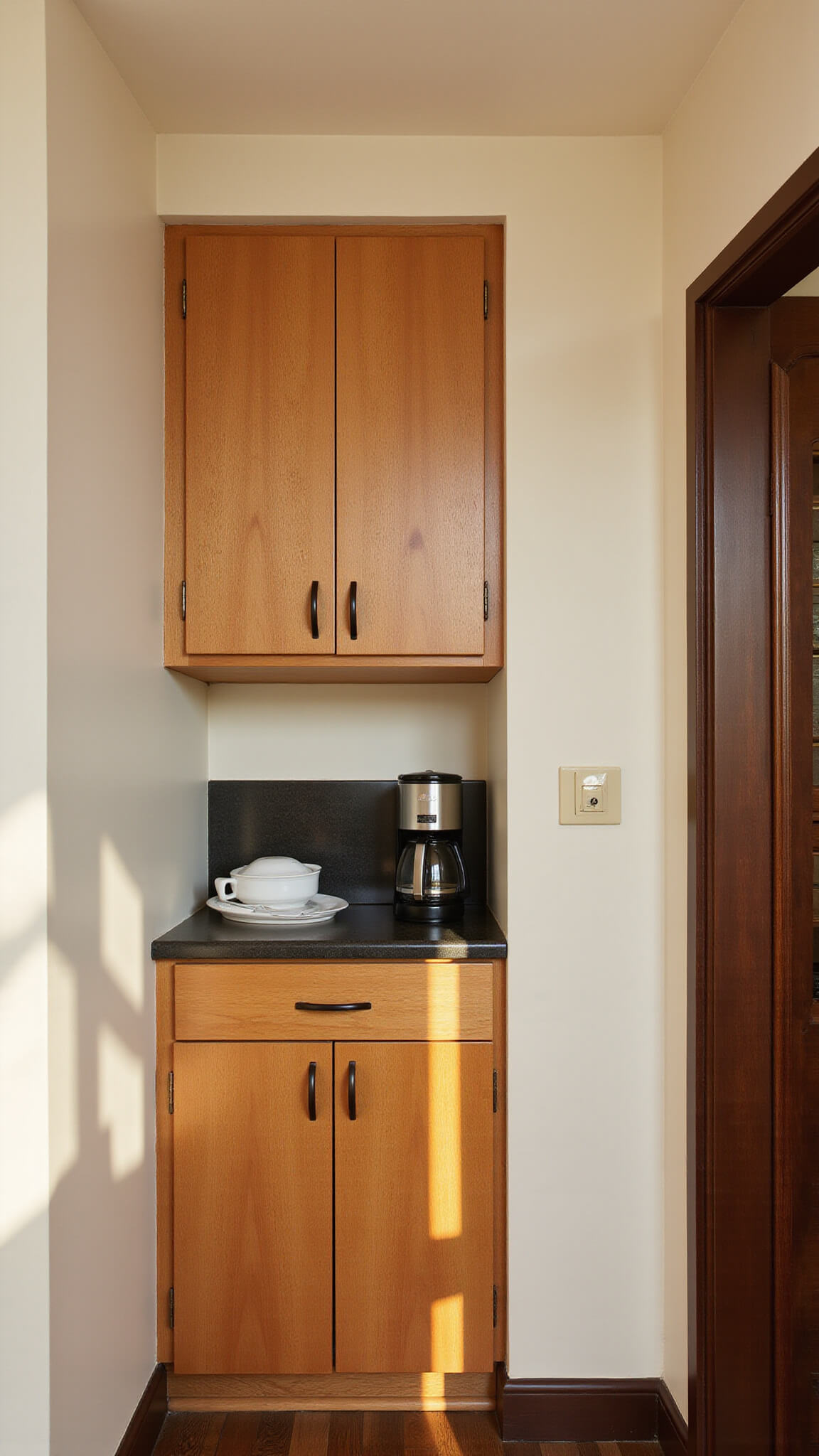 Golden hour kitchen nook with maple tambour-door appliance garage, pull-out pantry, and hidden coffee station; soft cream walls and dark brown cabinets in a compact, stylish space.