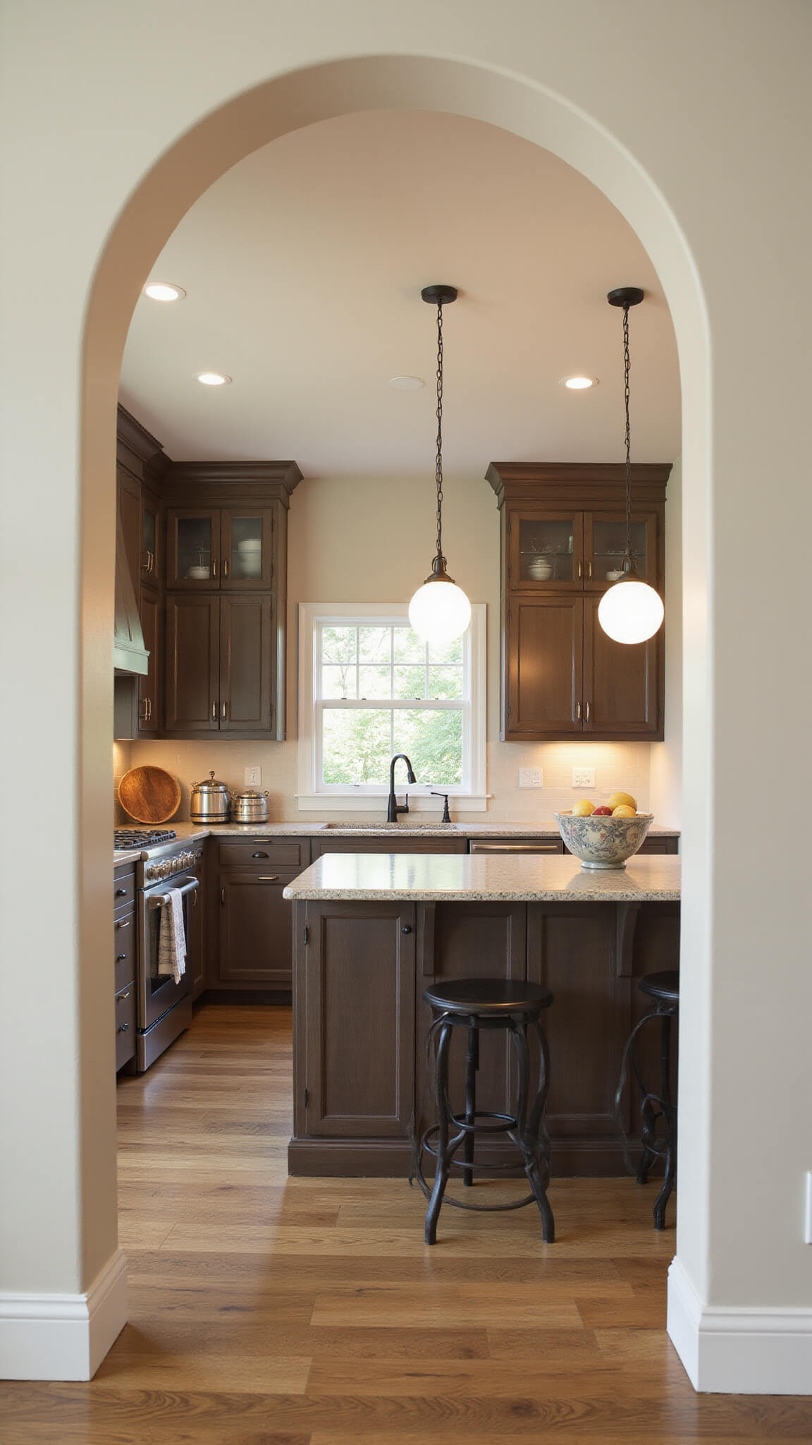 Corner view of 14x16ft kitchen with ebony oak cabinets, white oak island, arched entryway, rounded details, and soft morning lighting highlighting wood textures.