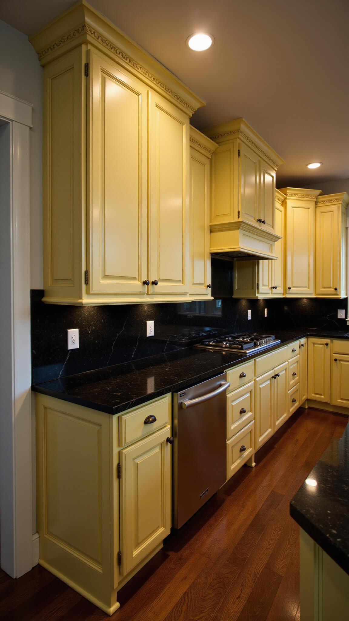 Moody overhead view of a 12x18ft kitchen with butter yellow beaded and flat panel cabinets, integrated appliances, and black marble countertops beneath warm lighting.