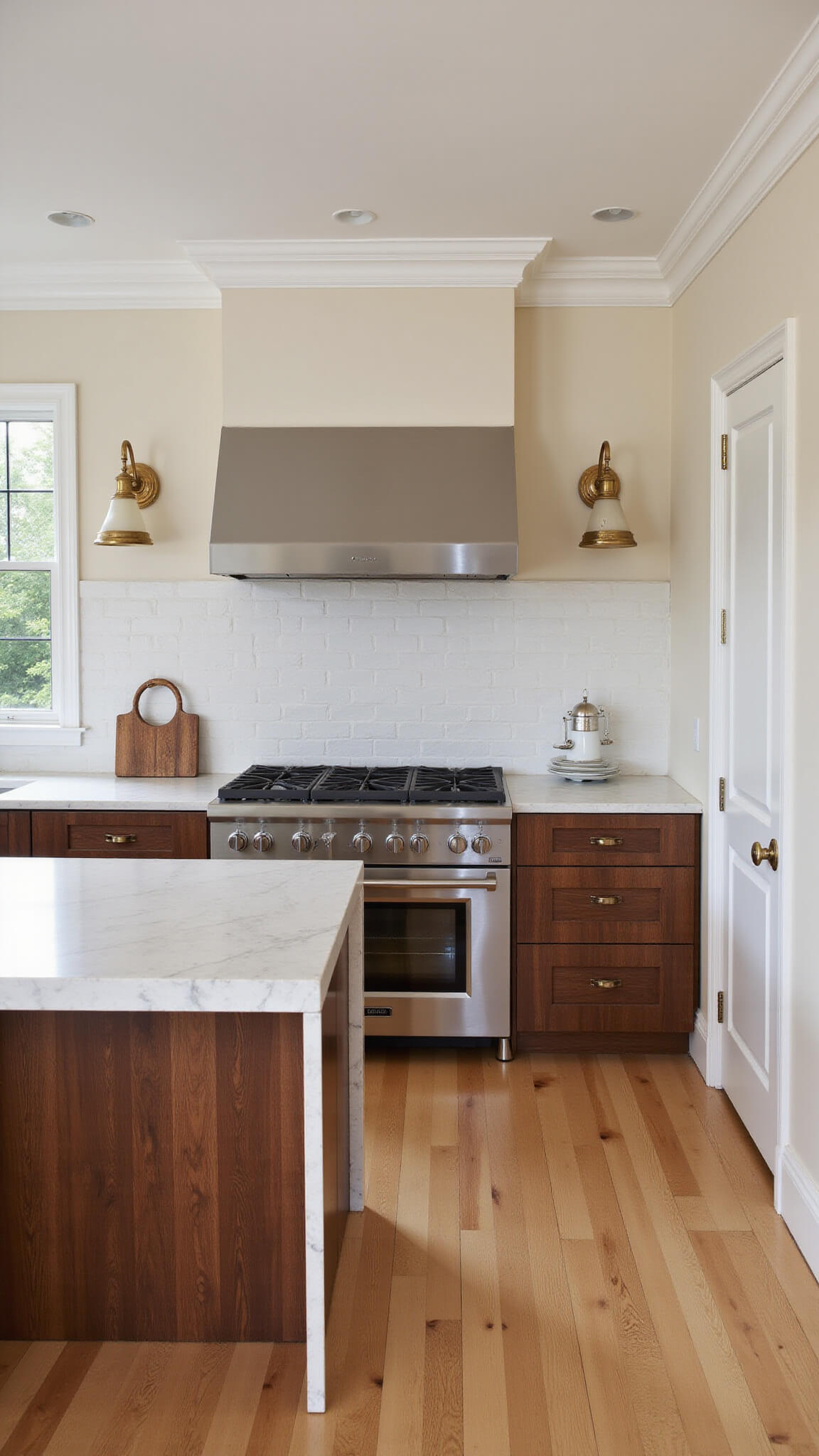 Open-concept kitchen at sunrise featuring walnut and maple finishes, waterfall island, crown molding, brushed gold accents, and vintage-inspired lighting with natural backlight.