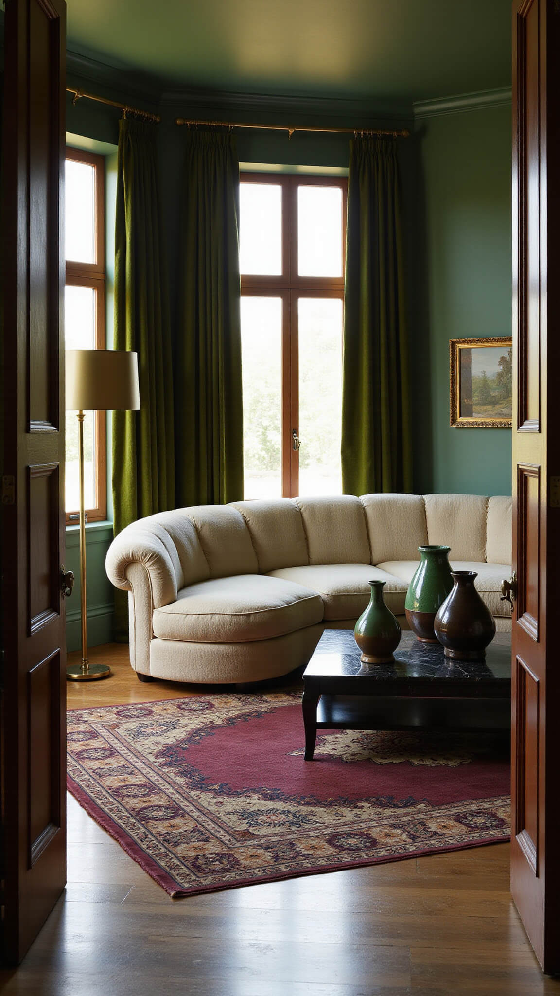Moody forest green living room with cream bouclé sofa, brass floor lamps, vintage Persian rugs, and golden afternoon light filtering through floor-to-ceiling windows.