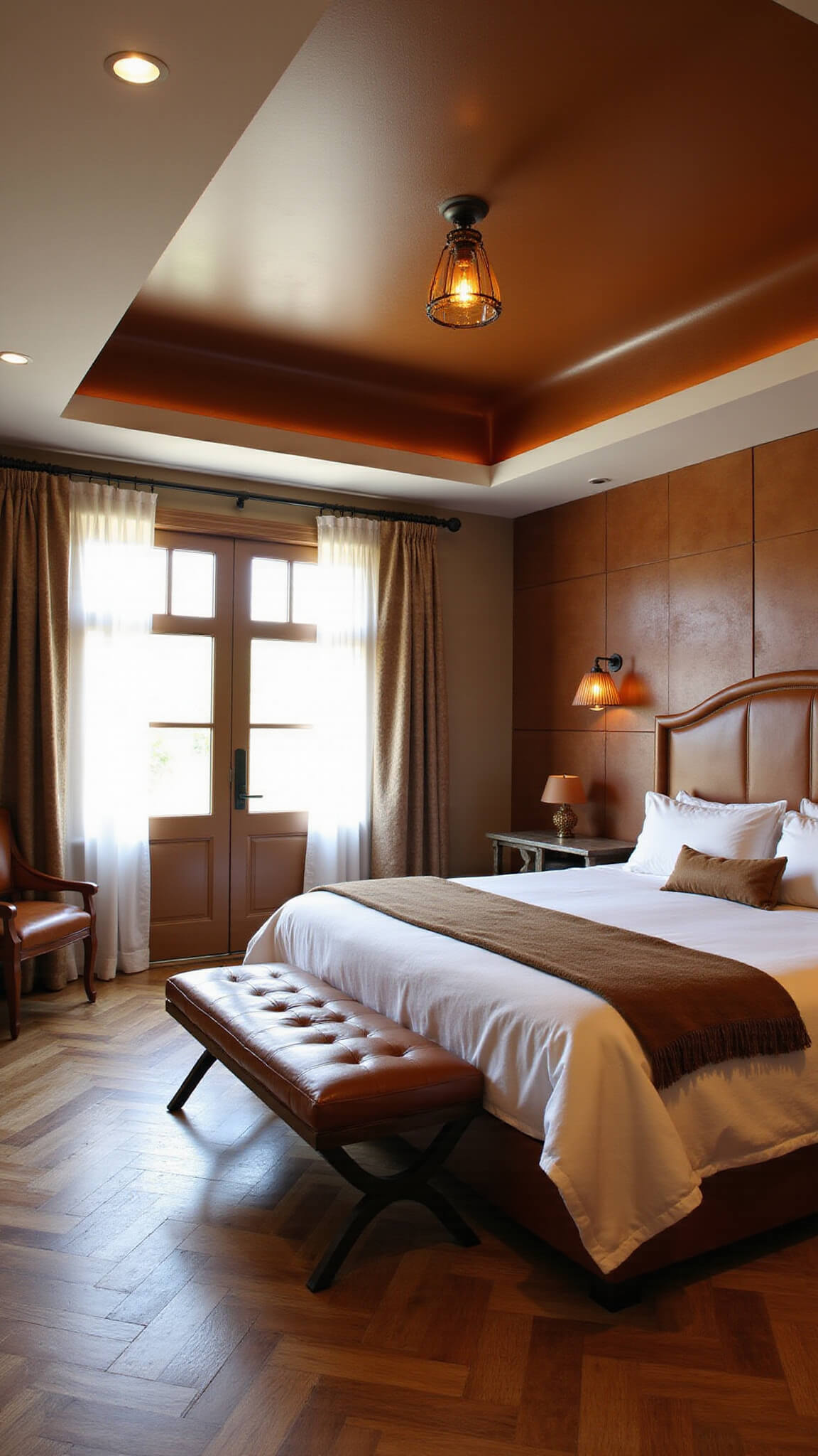Master bedroom with warm cognac leather walls and furnishings, herringbone hardwood floors, and tray ceiling, bathed in morning light and warm uplighting.