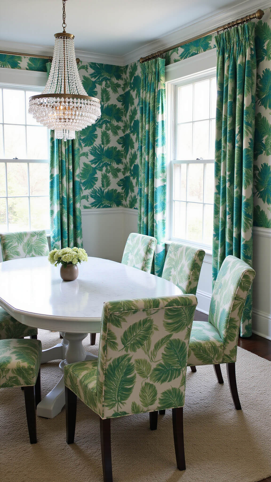 Dining room with emerald and sapphire tropical palm pattern on wallpaper, curtains, and chairs; white marble dining table and crystal chandelier in 12x14ft space with wainscoting.