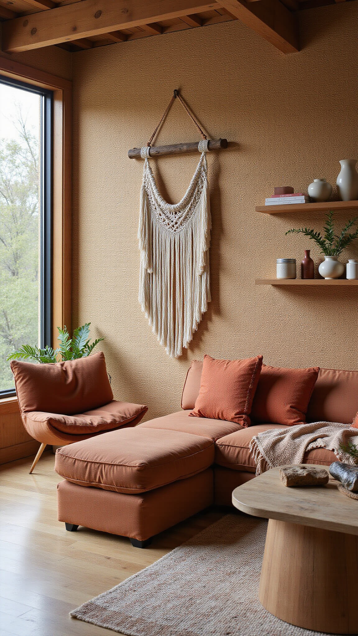 Bohemian living space with 10ft exposed beam ceiling, jute wallcovering, large macramé wall hanging, leather fringe furniture, terracotta and spice-toned textiles, and handmade ceramics on floating shelves, shot at 45-degree angle in diffused natural light.