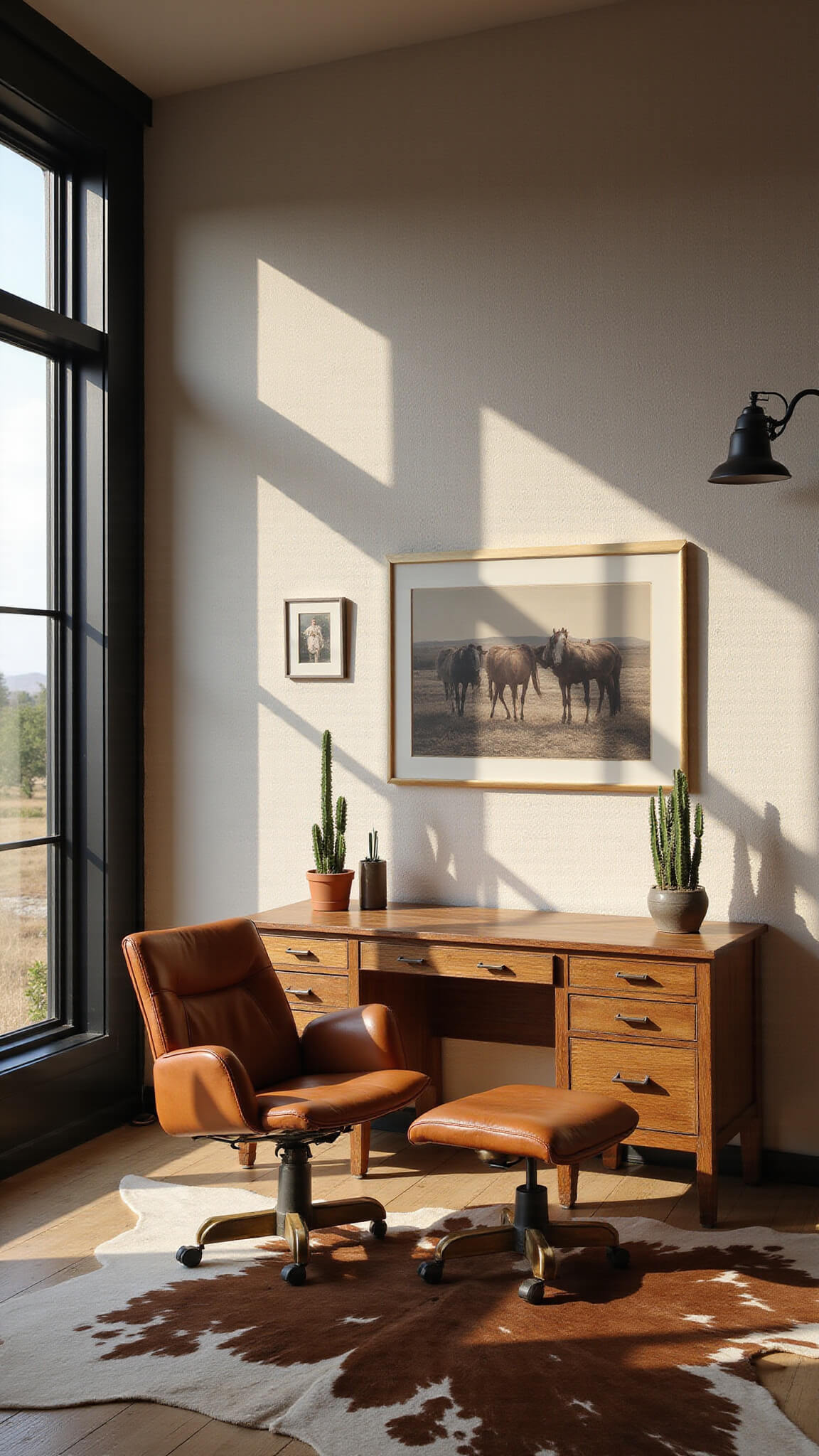 Modern Western-style home office with caramel leather sling chair, cowhide rug, weathered wood desk, black steel-framed windows, cacti in ceramic planters, and vintage ranch photos, lit by dramatic side lighting.
