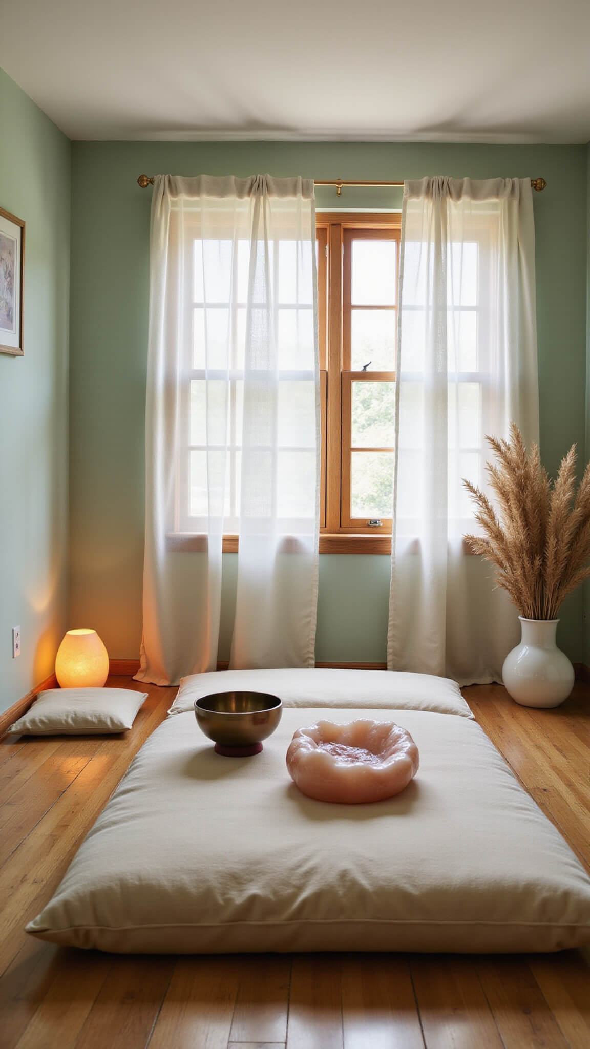 Serene wellness room with pale sage walls, bamboo flooring, meditation platform, natural linen cushions, ceramic singing bowls, pampas grass, and Himalayan salt lamp glow.