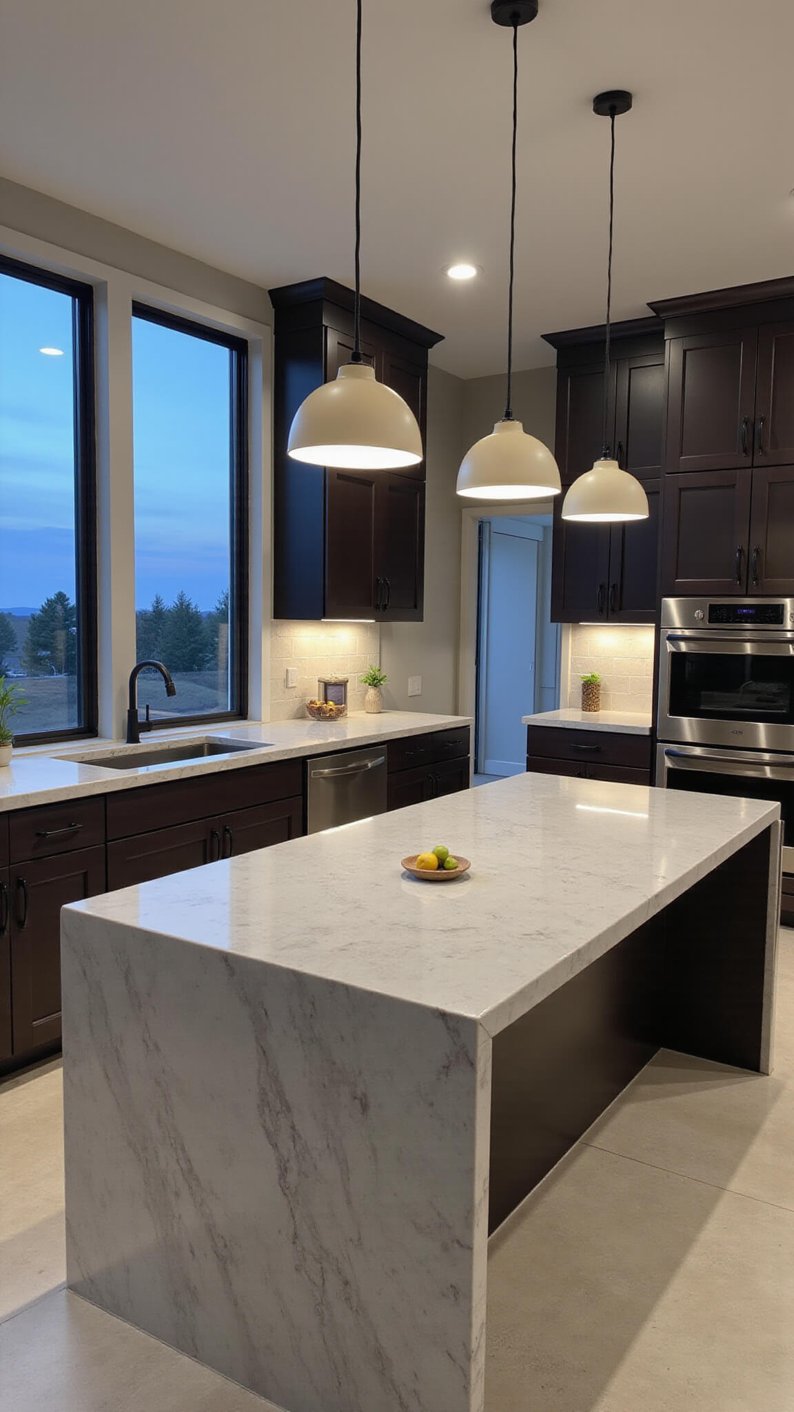 Modern 12x15ft kitchen with quartz waterfall island, matte black hardware, integrated appliances, handmade pendant lights, and textured limestone backsplash under warm and blue hour lighting.