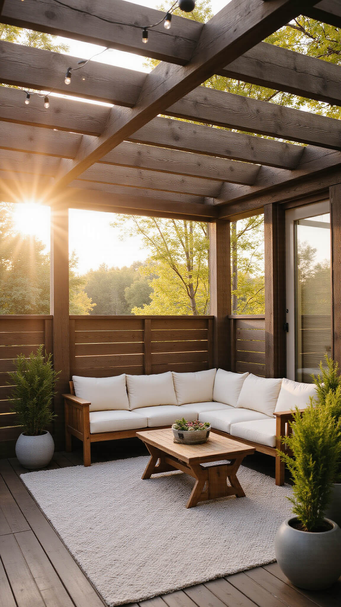 Modern patio with teak furniture under a slatted pergola at golden hour, casting dramatic shadows on a textured rug, with string lights overhead and greenery in concrete planters.