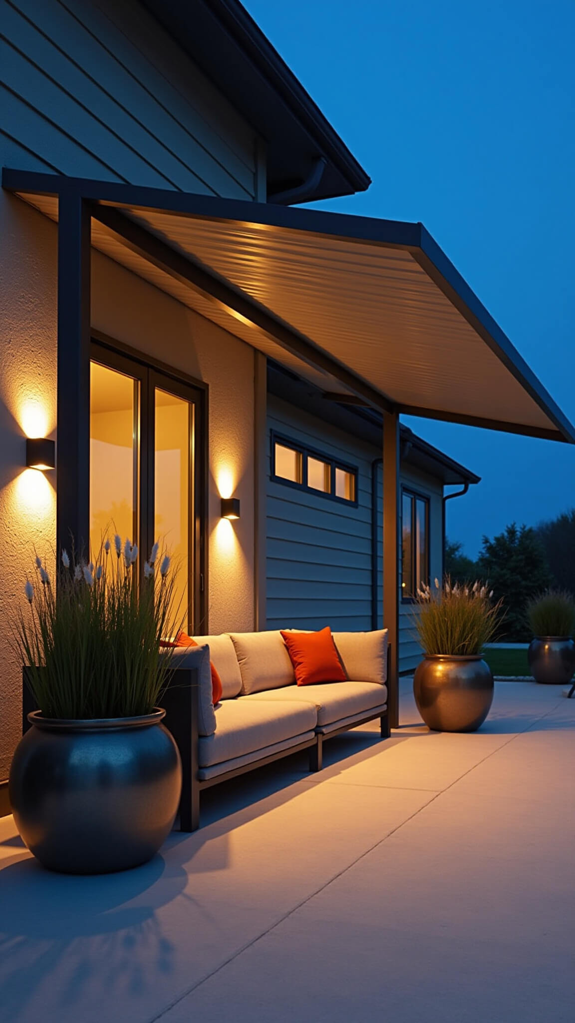 Dusk view of modern charcoal gray metal patio awning over 12x14ft seating area with warm sconce lighting, contemporary sectional, rust pillows, and metallic planters with tall grasses.