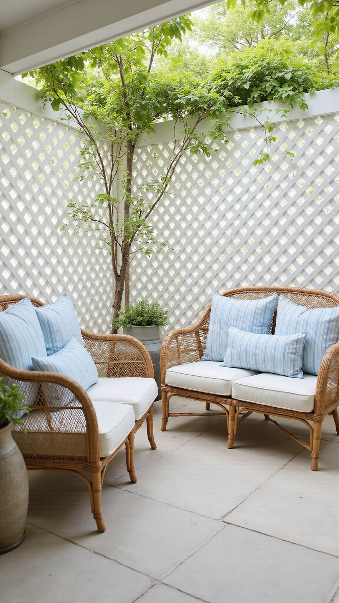 Lattice-covered patio with rattan furniture and striped cushions, casting patterned shadows on limestone flooring under soft midday light.