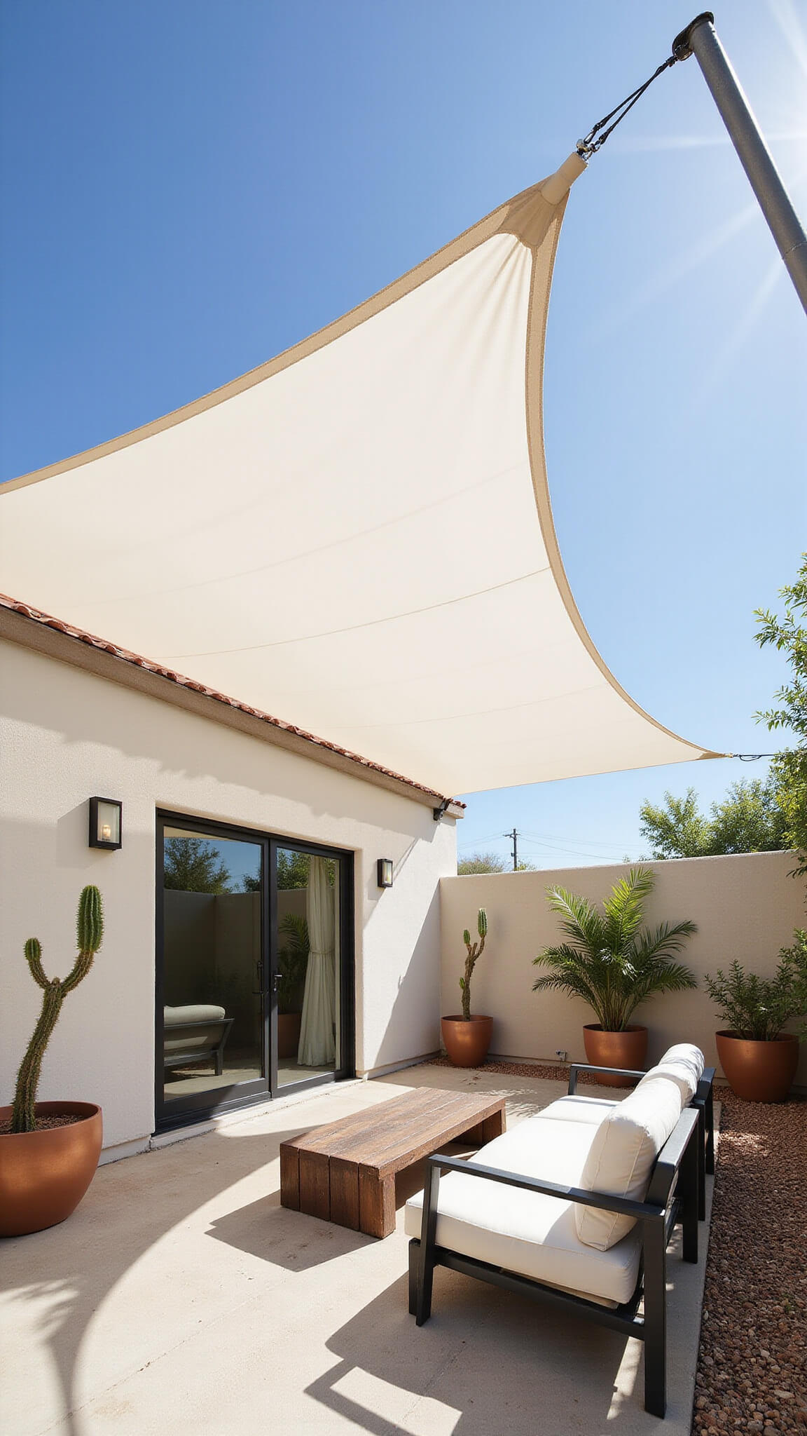 Minimalist white sail shade over modern outdoor seating with ivory cushions, framed by copper planters and morning sun casting geometric shadows.