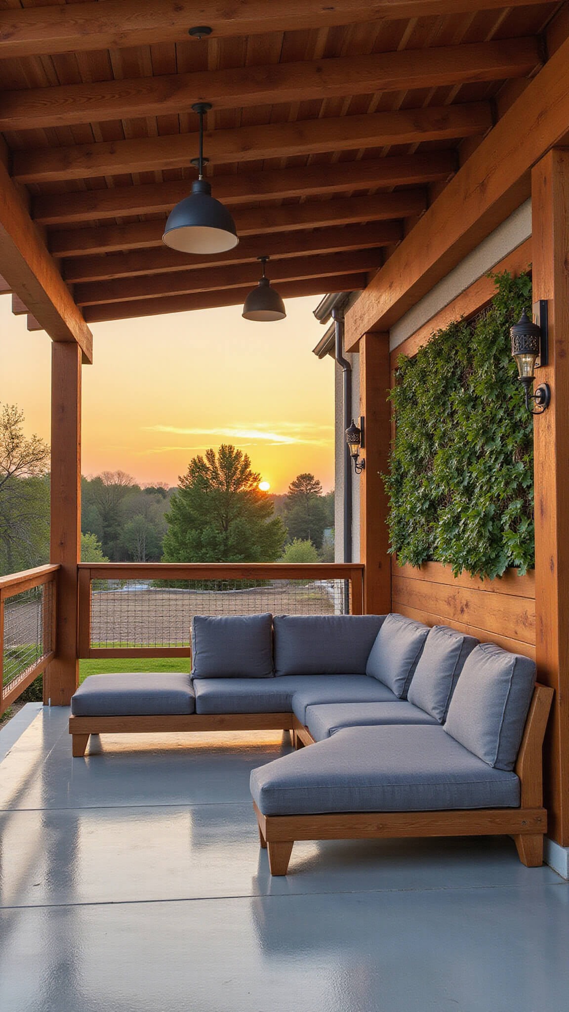Rustic-modern wooden pergola at sunset with exposed beams, industrial pendant lights, polished concrete floor, gray L-shaped seating, and vertical garden wall.