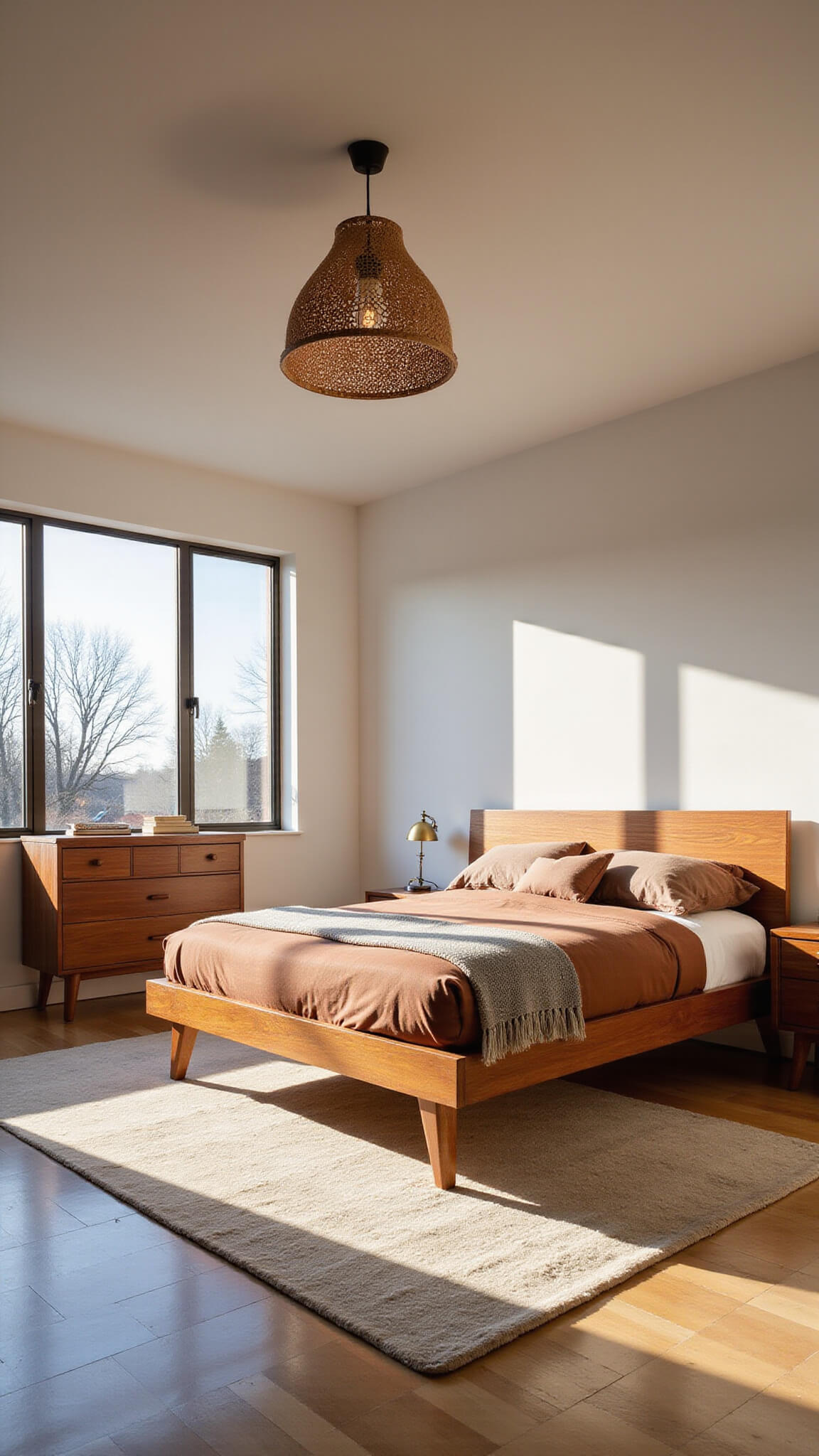 Spacious sunlit bedroom with walnut platform bed, Danish dresser, ivory rug, and terra cotta bedding, viewed wide-angle from corner at golden hour.