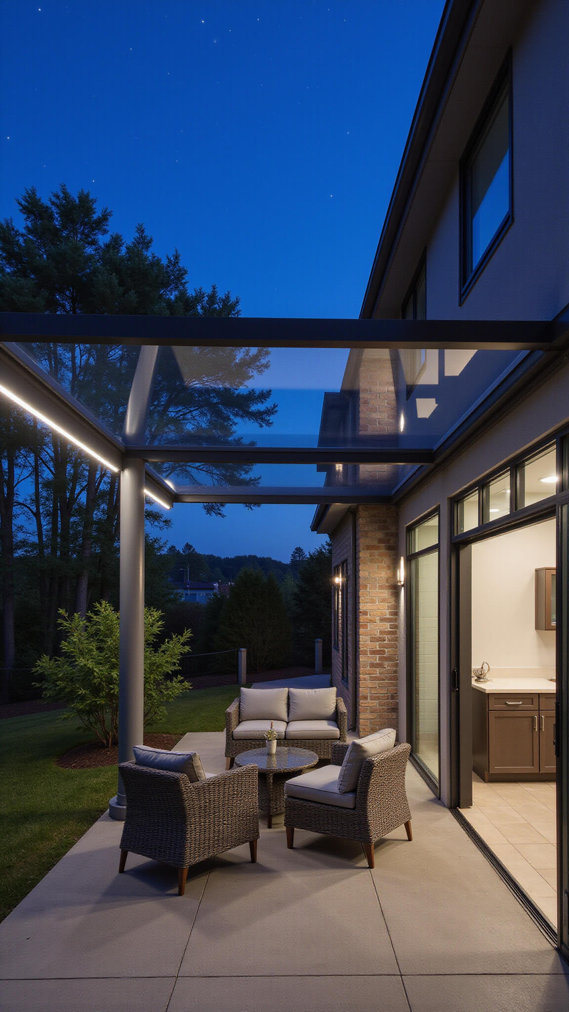 Twilight patio with clear polycarbonate roof, modern wicker furniture, warm lighting, and gray porcelain tile flooring.
