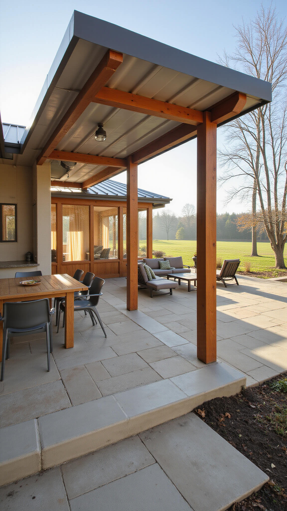 Hybrid pergola-awning with wood frame and metal roof in morning mist, teak dining set, metal loungers, stone flooring, sheer curtains, and diffused morning light.