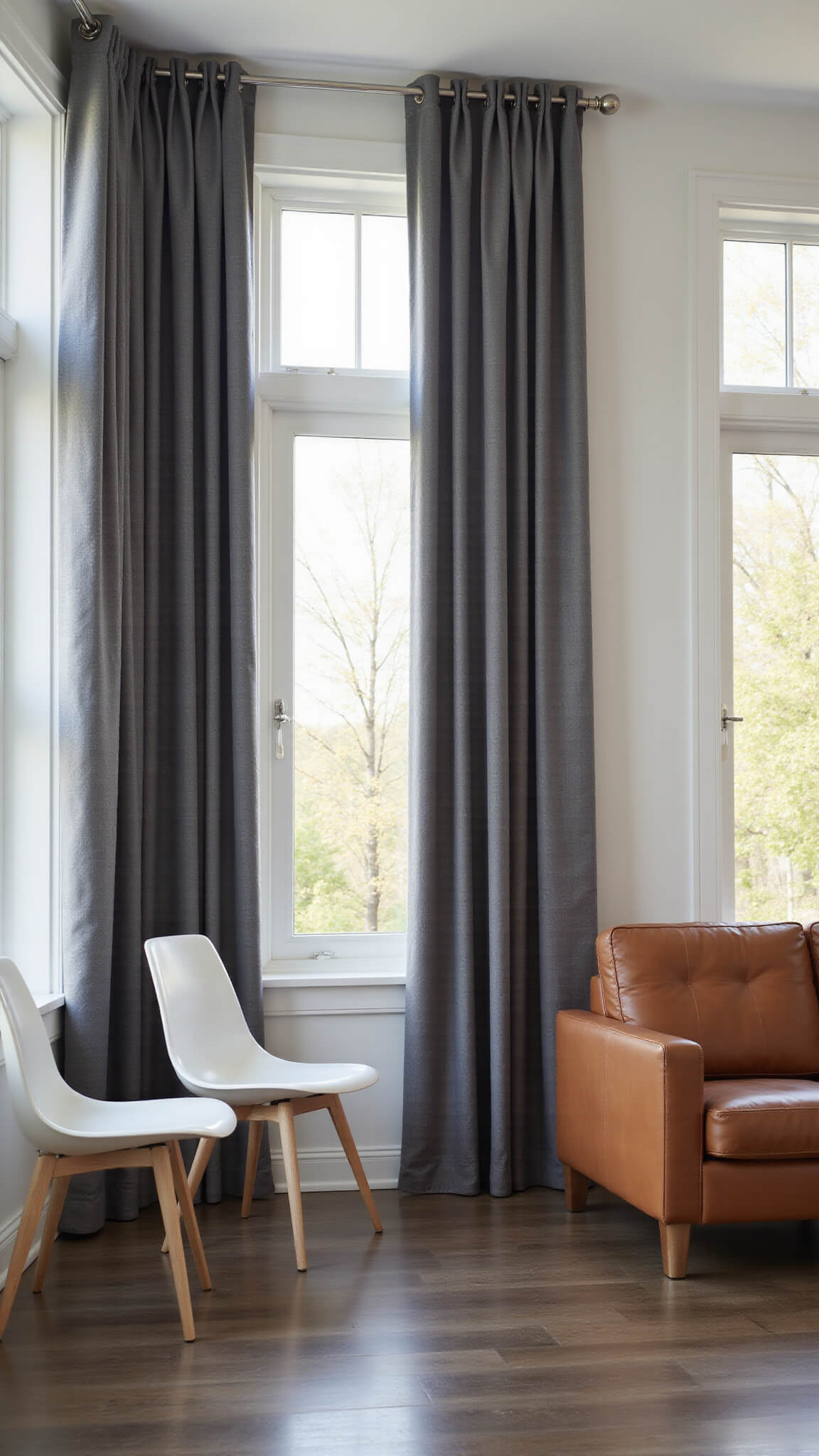 Modern 15x20ft living room with charcoal gray linen curtains, low-profile leather sectional, geometric chairs, and dramatic sunlight through floor-to-ceiling windows.