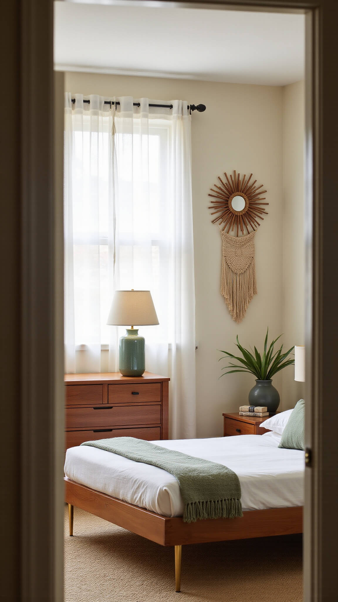 Minimalist sage green bedroom at dawn with teak bed, sheer curtains, and sunburst mirror over dresser.