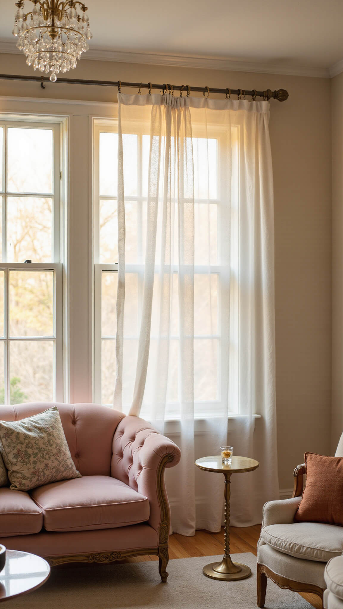 Golden hour light filters through billowing white sheer curtains in a cozy 12x18ft cream-colored room with a blush velvet sofa, brass tables, and a crystal chandelier, captured in soft focus highlighting curtain texture.