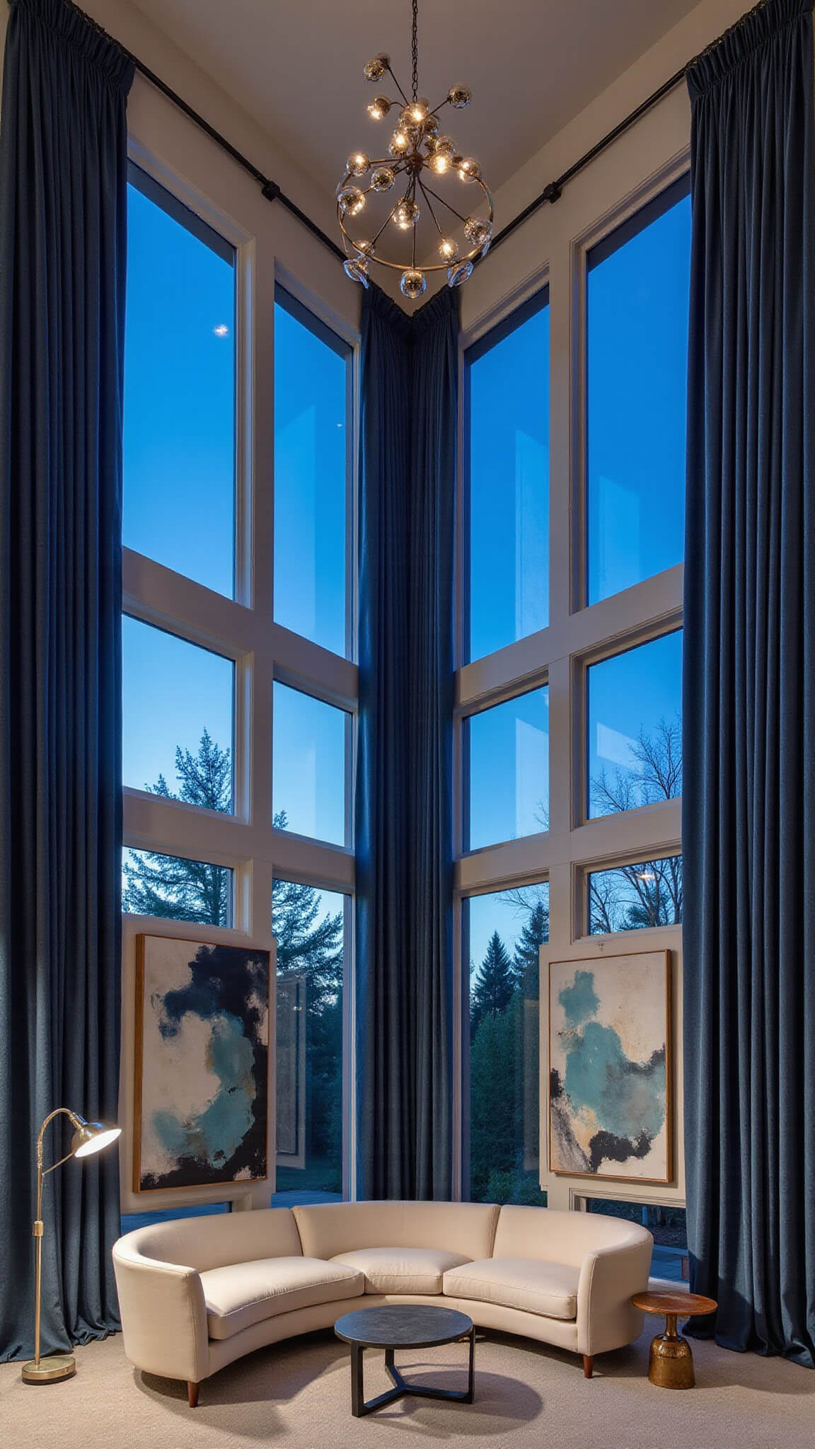 Dramatic great room with 20ft ceiling, floor-to-ceiling slate blue velvet curtains, curved cream sectional, abstract art, sculptural lighting, and metallic accents at dusk.