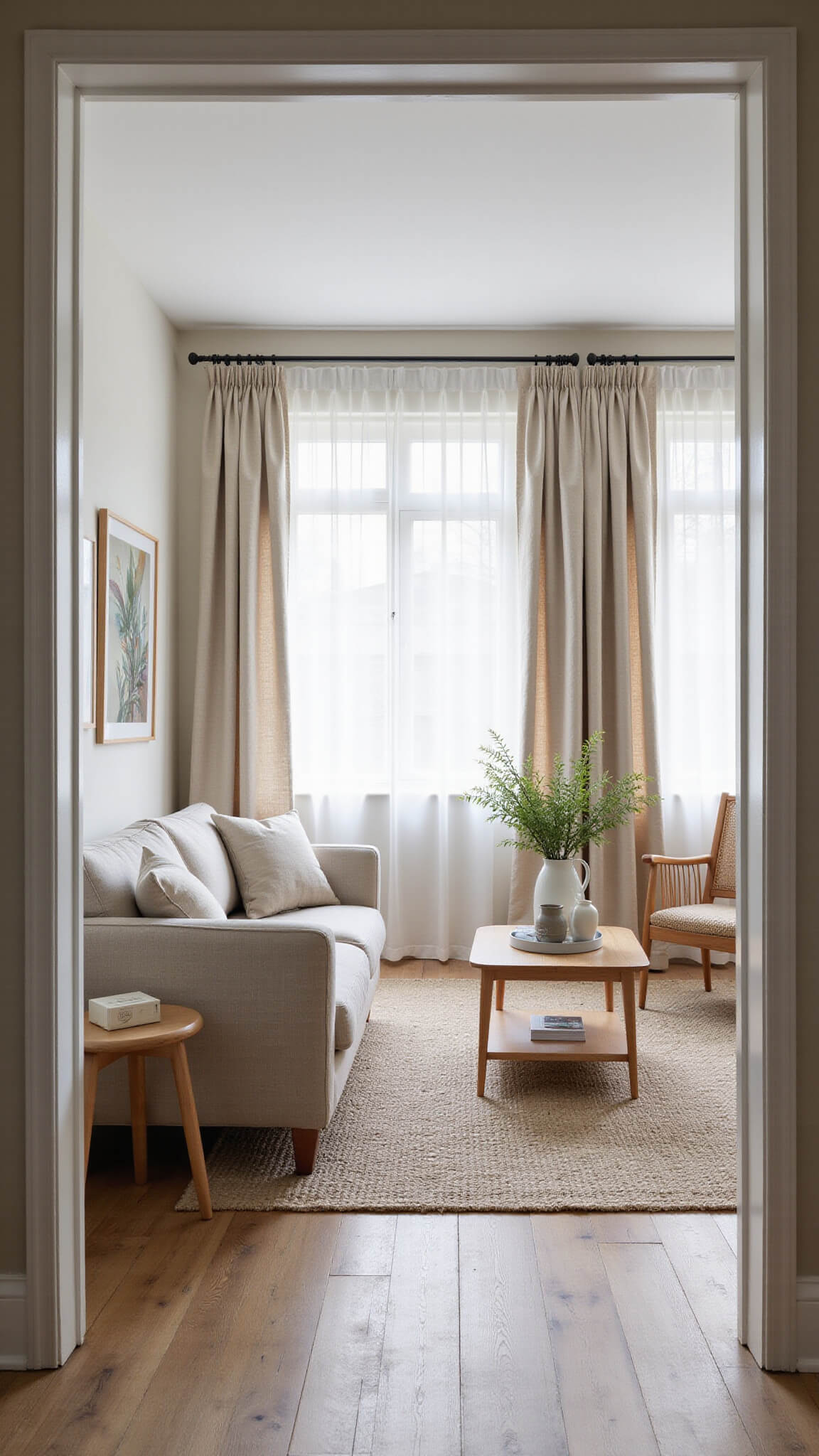 Serene 14x16ft living room with layered sheer and blackout curtains, Scandinavian furniture in pale wood, handwoven rugs, ceramic accents, and soft morning light.