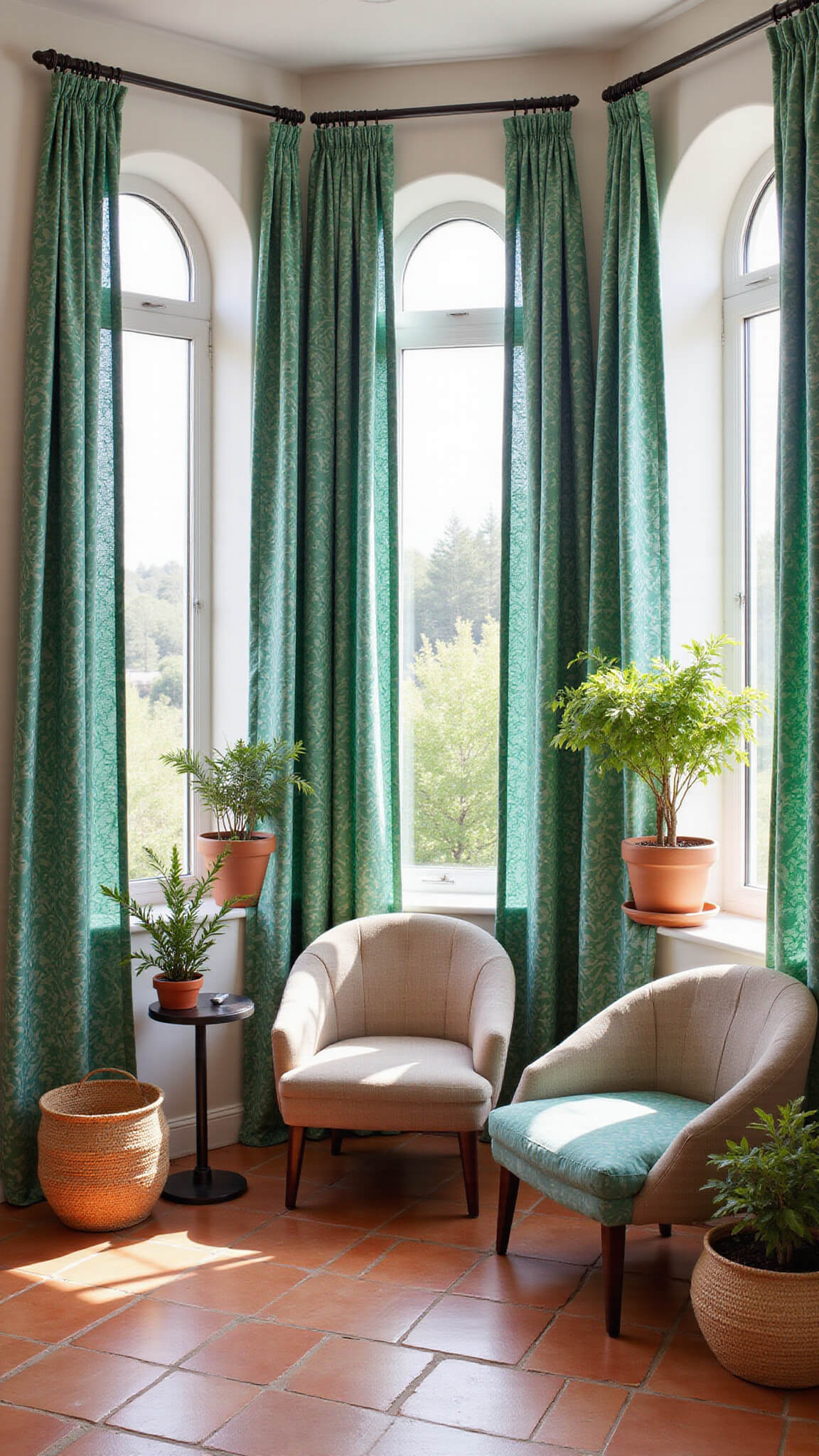 Mediterranean-style room with arched windows framed by emerald and azure botanical curtains, terracotta tiles, whitewashed walls, curved furniture, potted citrus trees, and woven baskets, bathed in strong midday light.