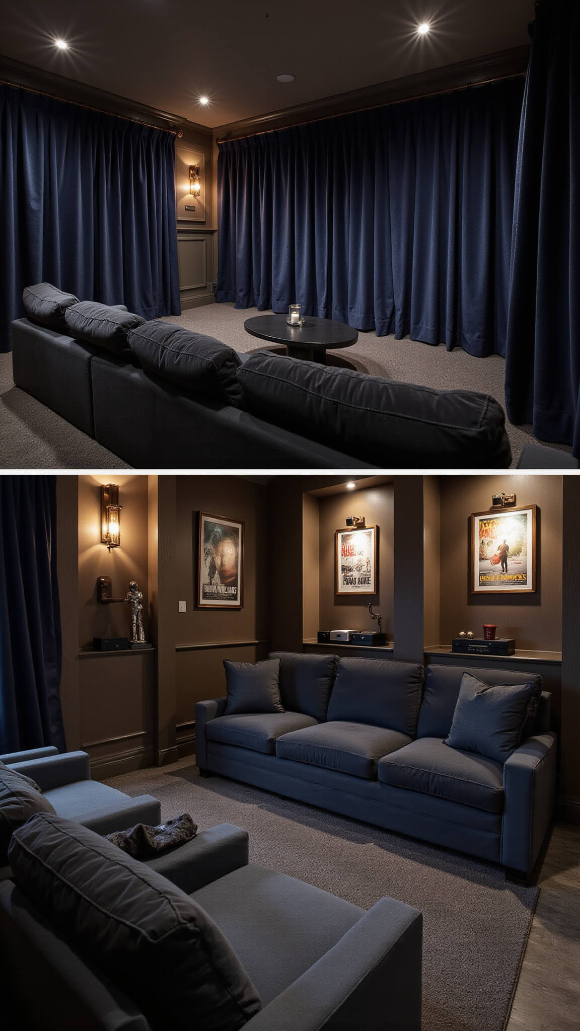 Cozy 13x15ft home theater at night with charcoal bouclé sectional, navy velvet blackout curtains, vintage movie posters, ambient sconces, and hidden tech in a dramatic, intimate setting.