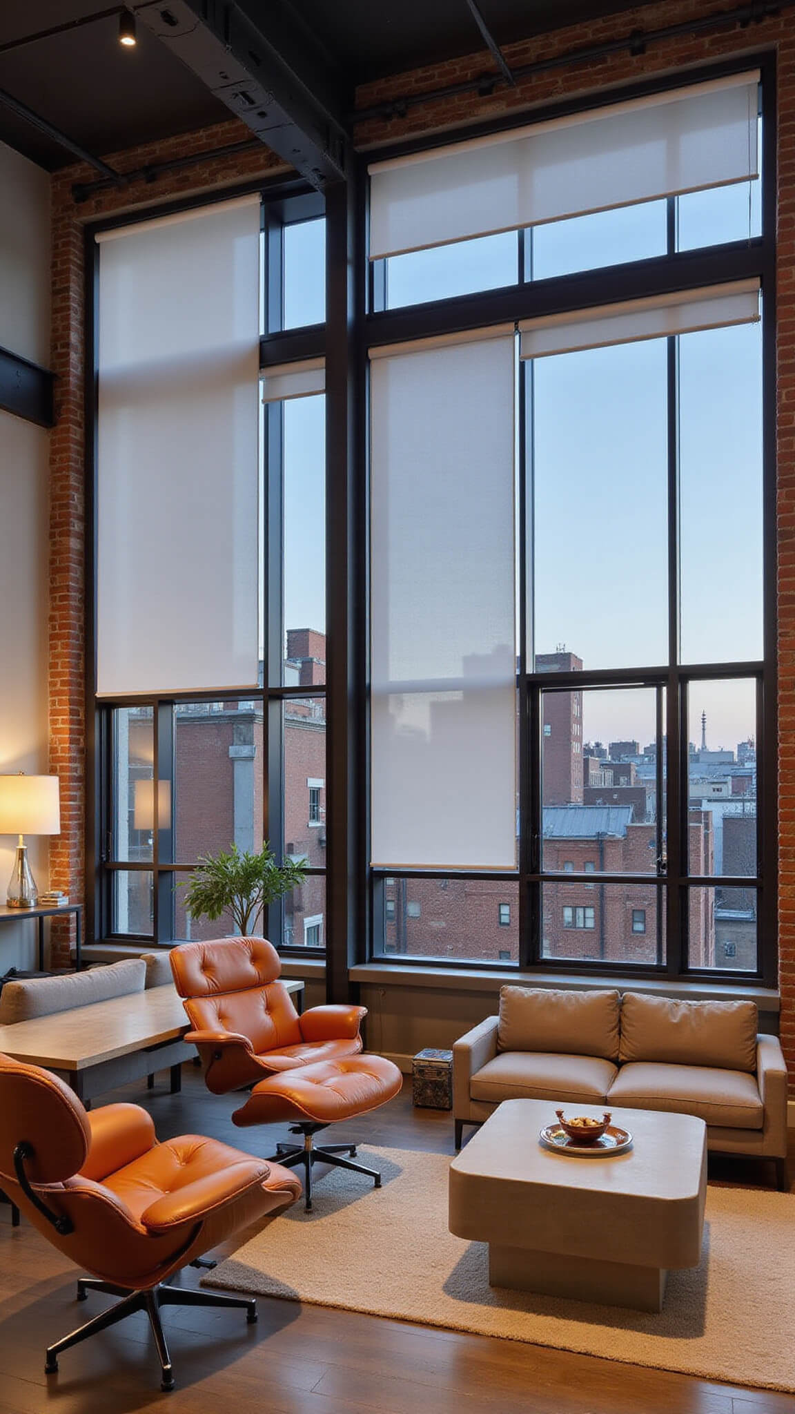 Urban loft-style open concept space with exposed brick, steel beams, and hardwood floors, featuring leather Eames lounge, modular sofa, and concrete coffee table, illuminated by natural and artificial lighting during blue hour.