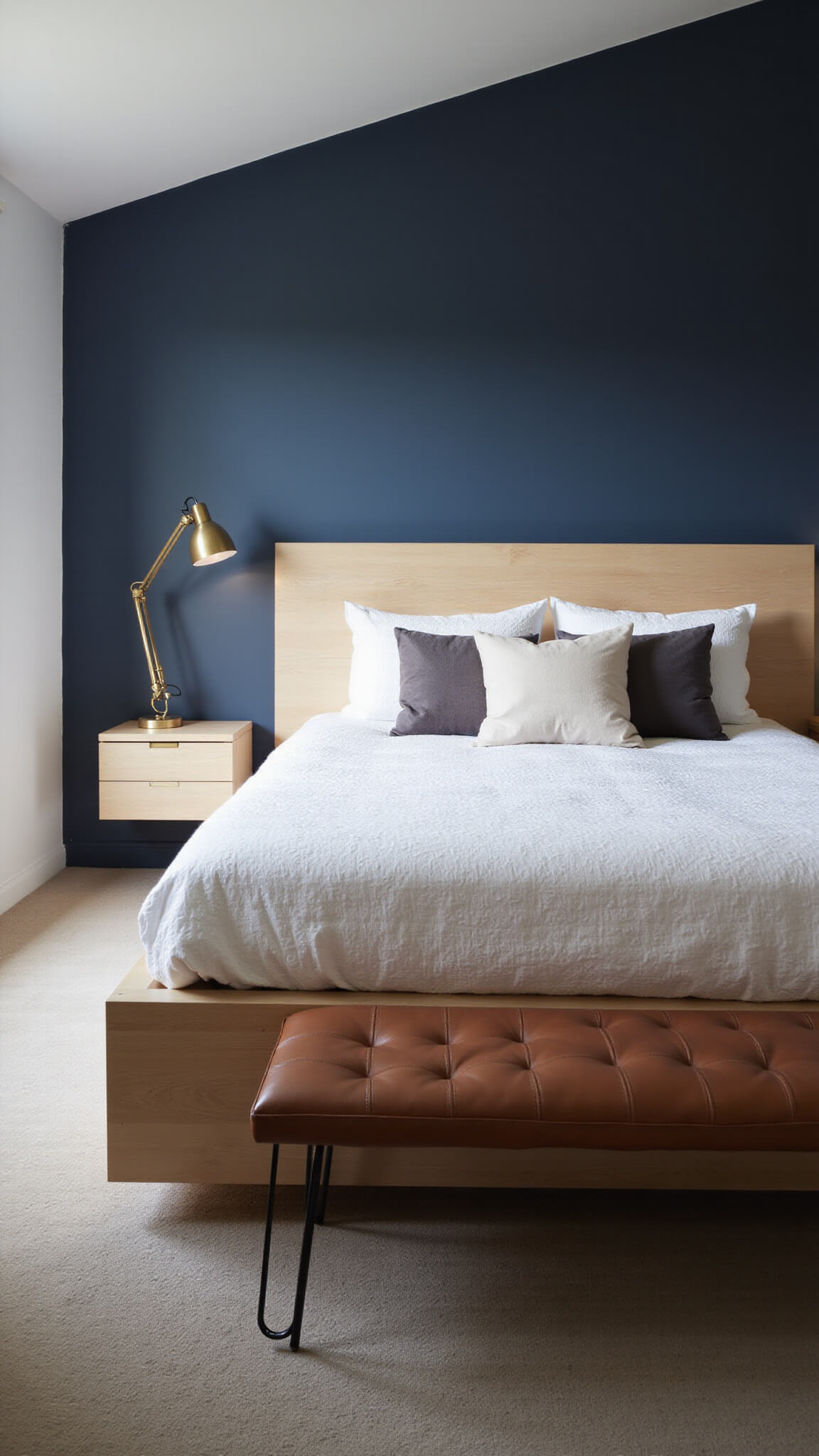Modern 16x18ft primary bedroom at dusk with platform bed, floating bedside tables, navy accent wall, and moody lighting.