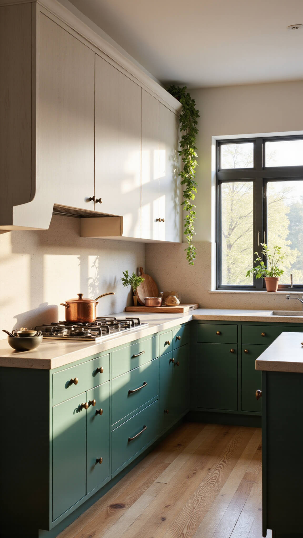 Spacious kitchen with forest green lower cabinets, white oak uppers, brass hardware, and an emerald island under warm morning light.