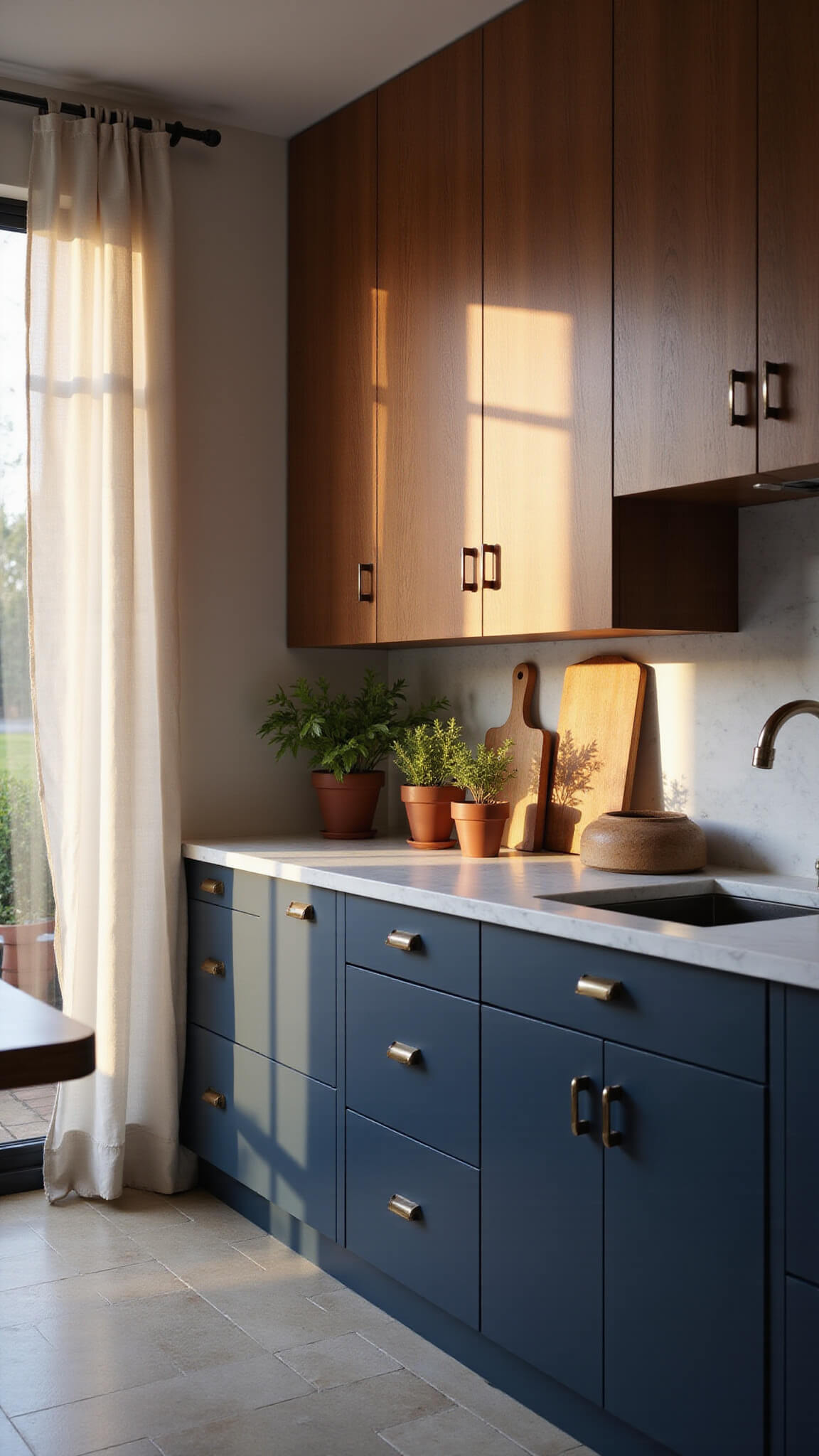 Corner kitchen with navy blue lower cabinets and walnut upper cabinets in golden hour light, featuring marble countertops, mixed metal hardware, and minimalist pendant lights.