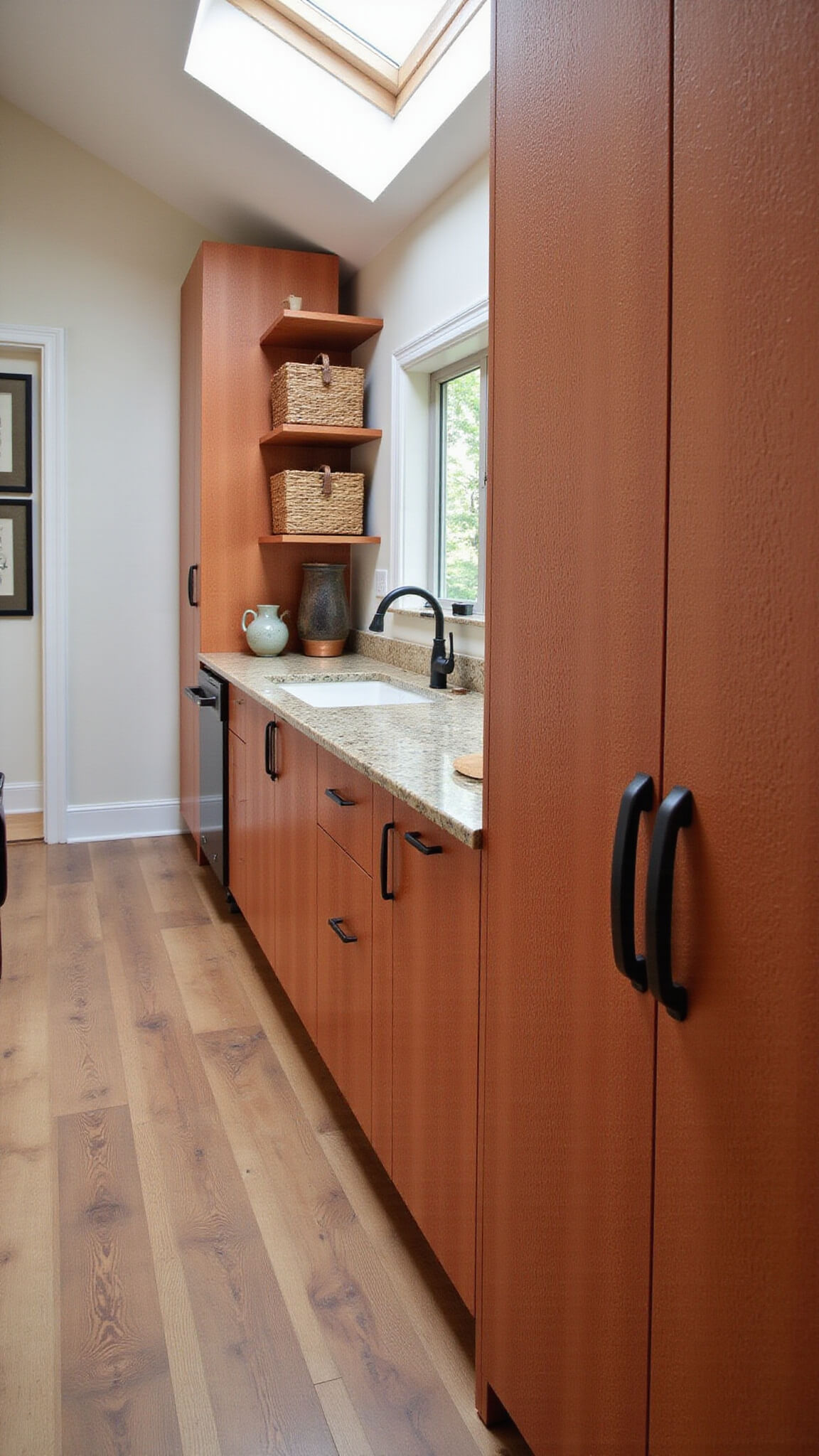 Warm terracotta galley kitchen with textured floor-to-ceiling cabinets, matte black handles, skylight lighting, and rustic decor elements like woven baskets and copper accents.