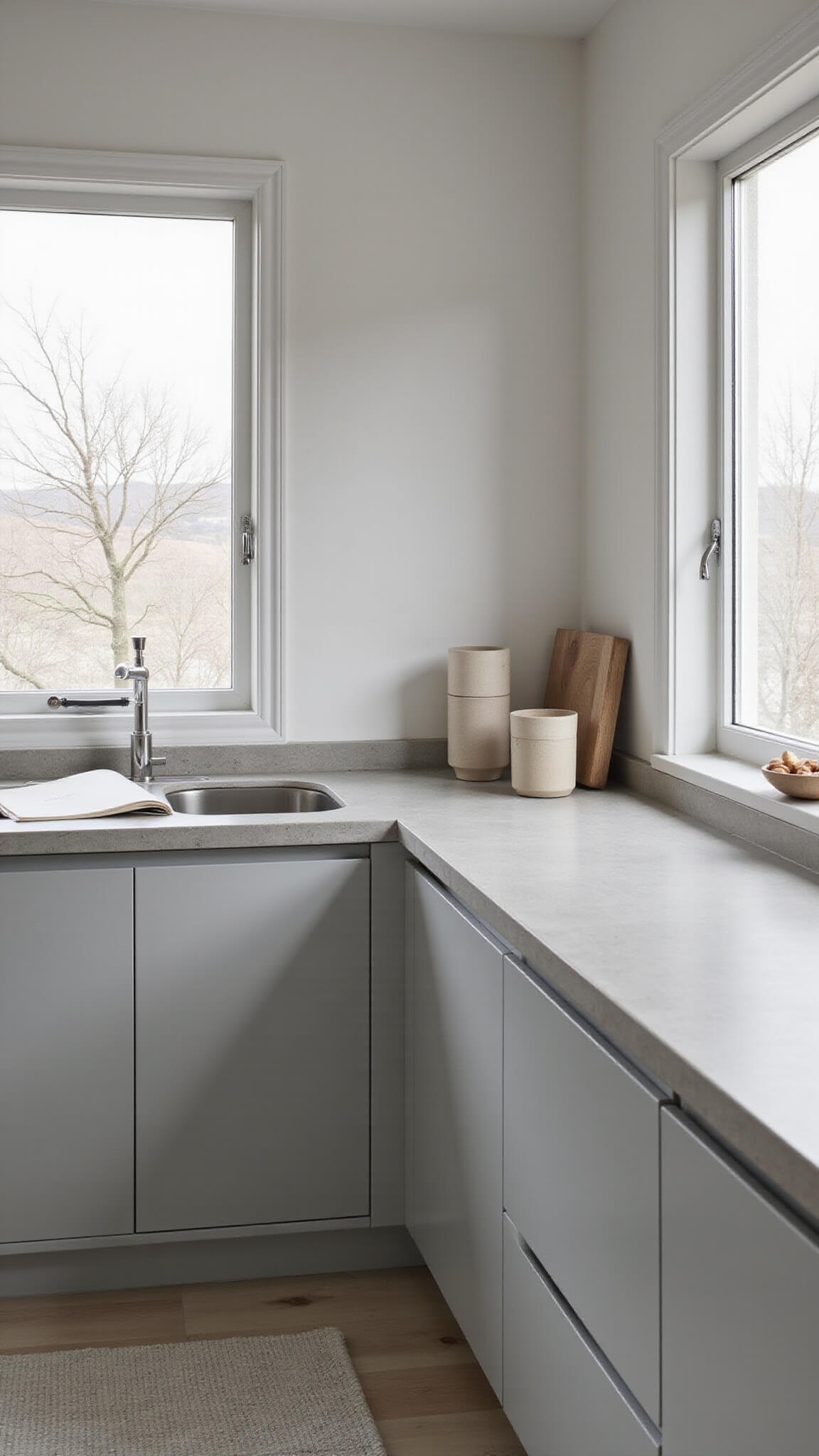 Modern L-shaped dove grey kitchen with curved cabinets, handle-less design, concrete countertops, and soft afternoon light through frosted windows.