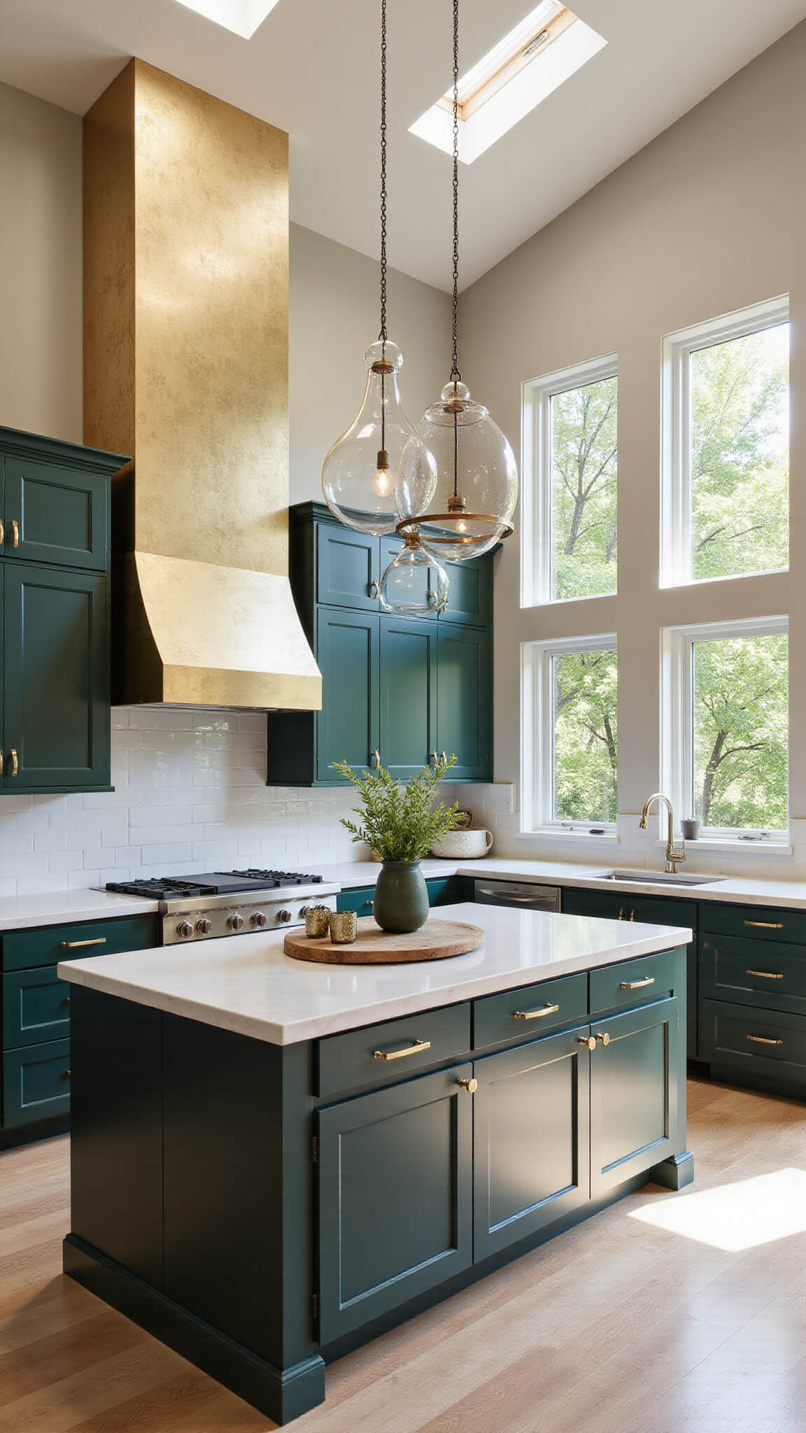 Sunlit kitchen with brushed brass upper cabinets, forest green lowers, quartz waterfall island, and clerestory windows highlighting metallic and natural contrasts.
