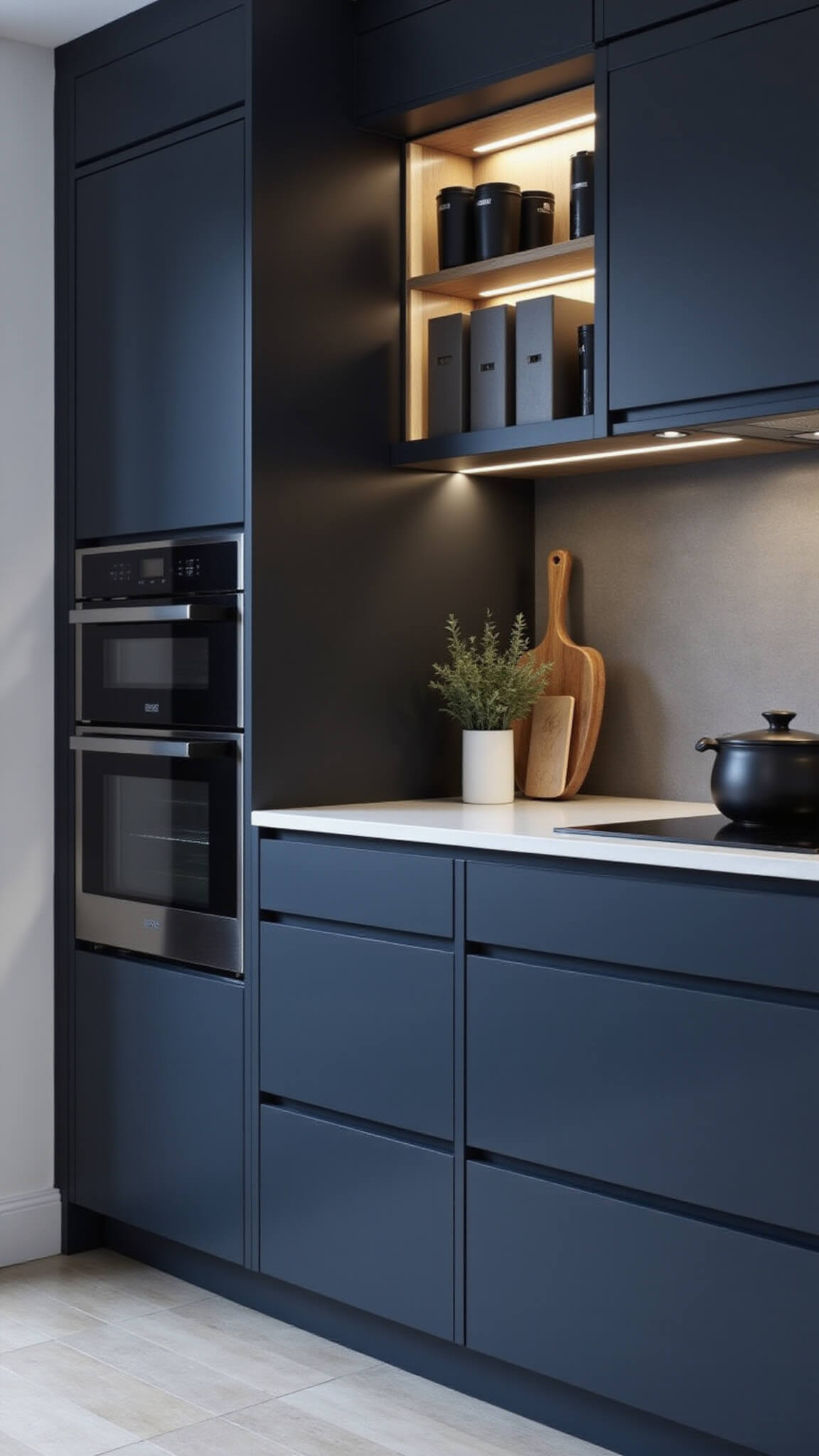 Compact urban kitchen with smoky blue cabinets, smart hidden storage, under-cabinet LED lighting, and sleek monochromatic accessories.