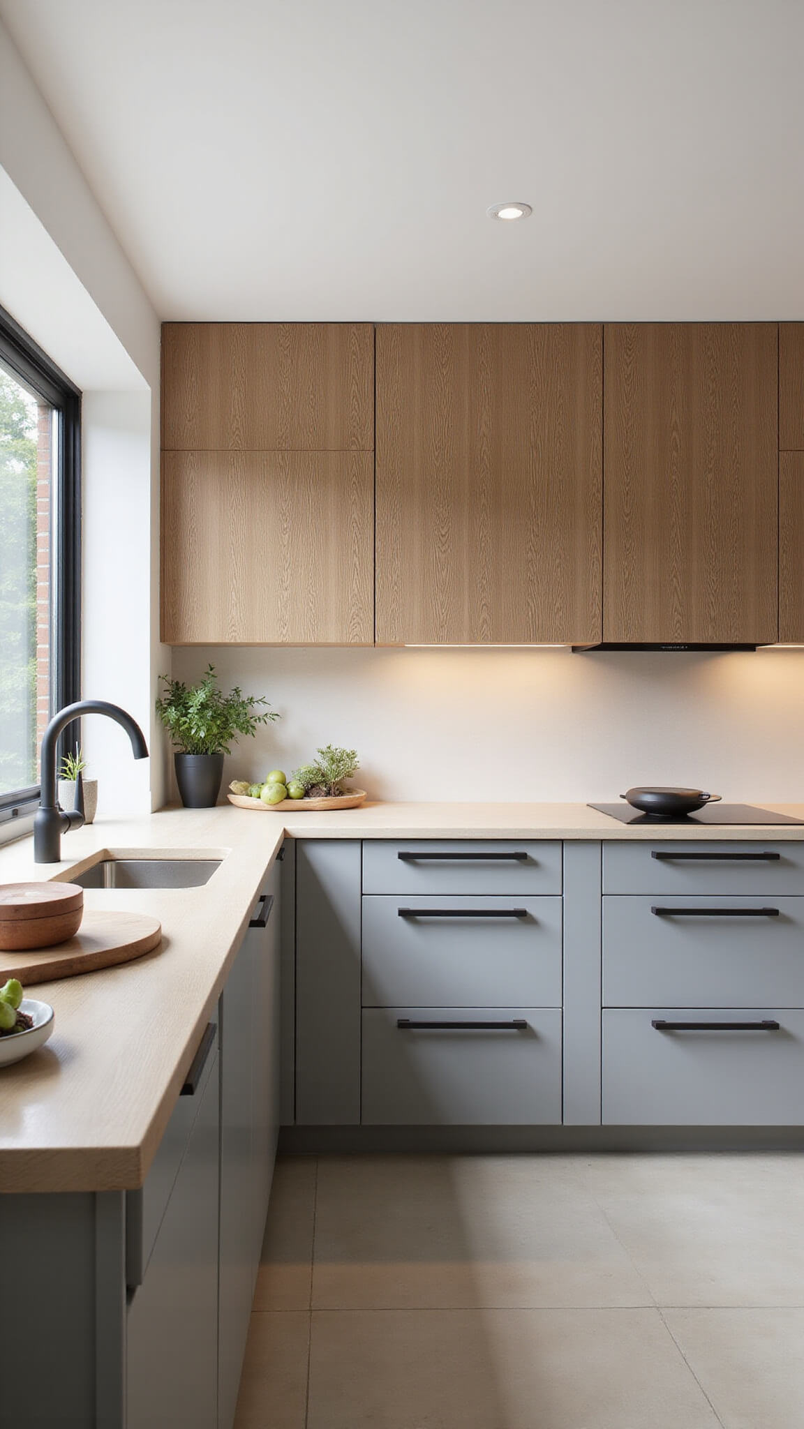 Contemporary kitchen with warm gray laminate and natural bamboo cabinets, matte black hardware, and soft daylight highlighting texture contrasts.