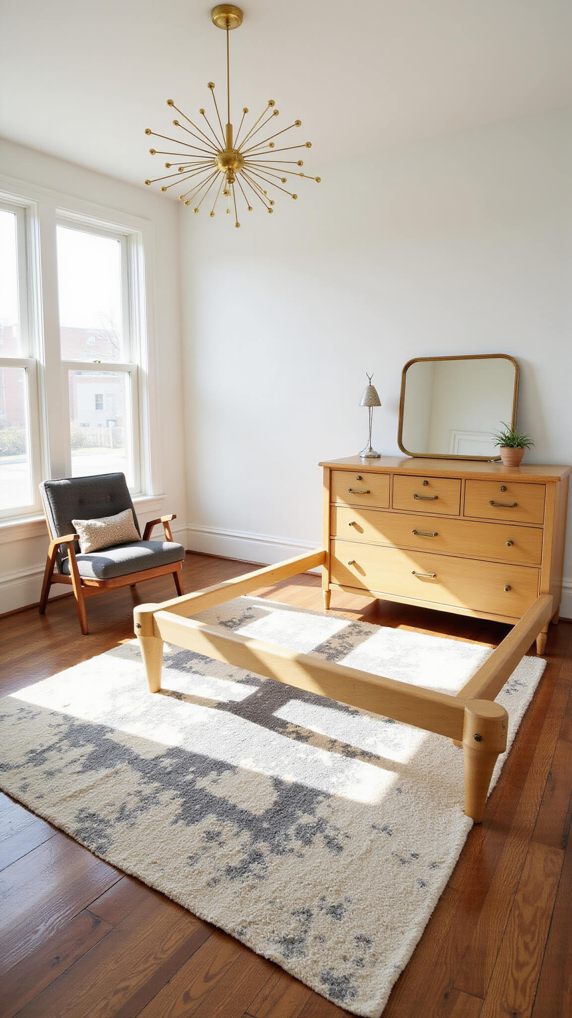 Sunlit 15x15ft mid-century bedroom with light oak furniture, Sputnik chandelier, bouclé chair, abstract rug, and wide-angle view showcasing design details.