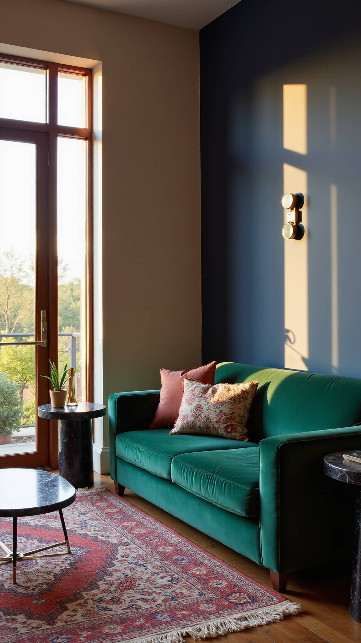Low-angle view of a sunlit 14'x16' living room with an emerald green velvet sofa, deep navy accent wall, brass accents, black marble side tables, and layered jewel-toned Persian rugs illuminated by golden hour light.