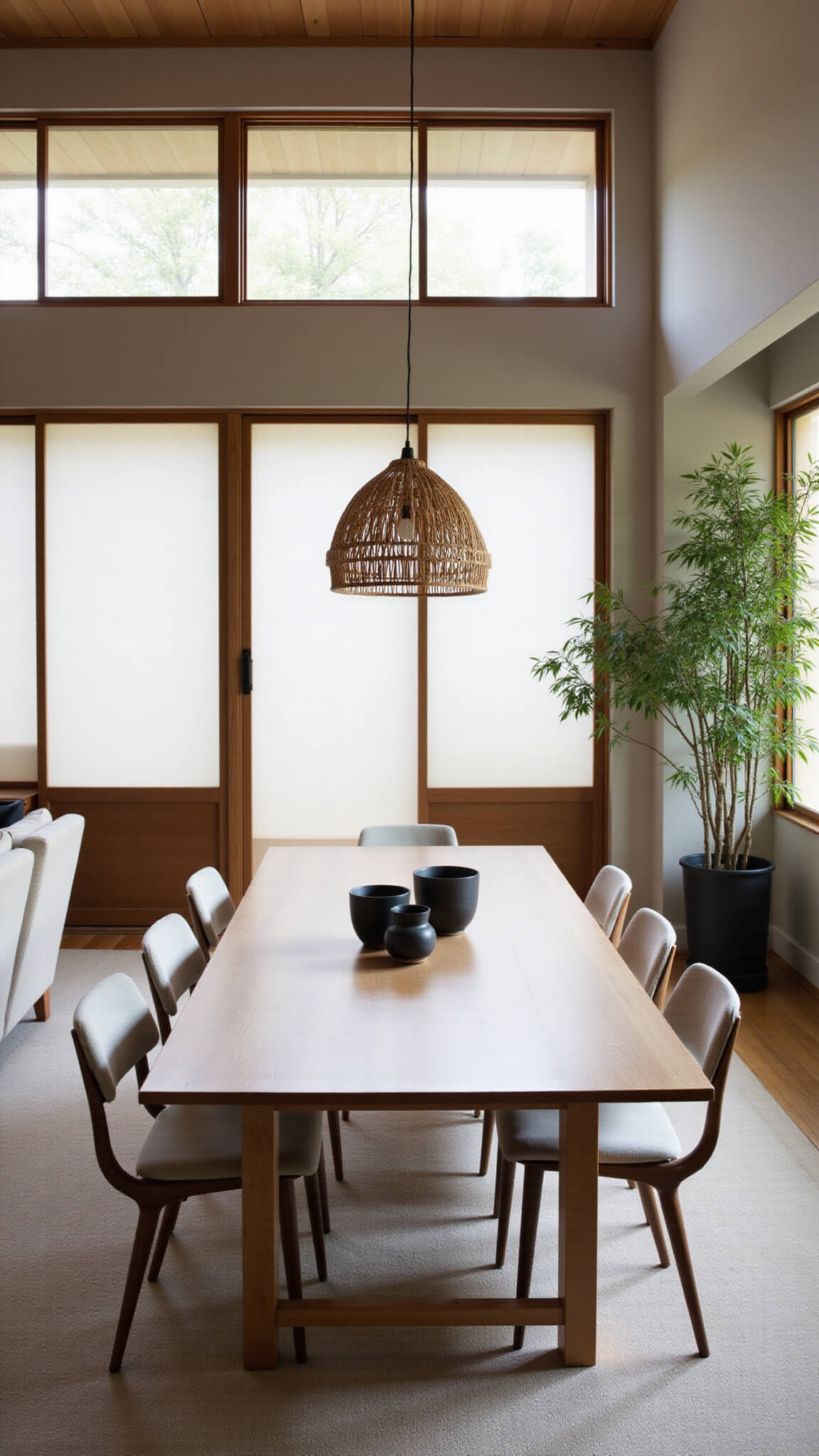 Japandi-style dining room with bleached oak table, rattan pendant, shoji screens, and soft dawn light creating a serene ambiance.