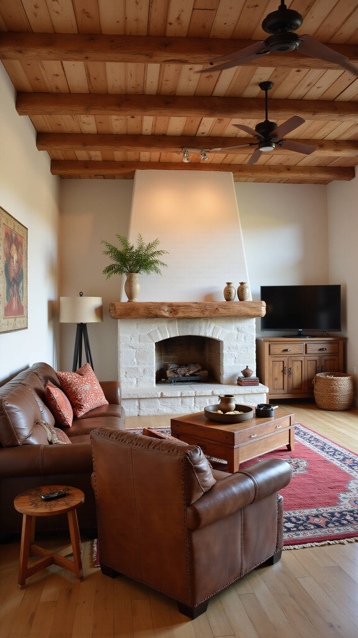 Rustic modern Western living room with distressed leather sectional, terracotta Southwestern textiles, whitewashed stone fireplace, and exposed wooden beams, bathed in warm magic hour light.