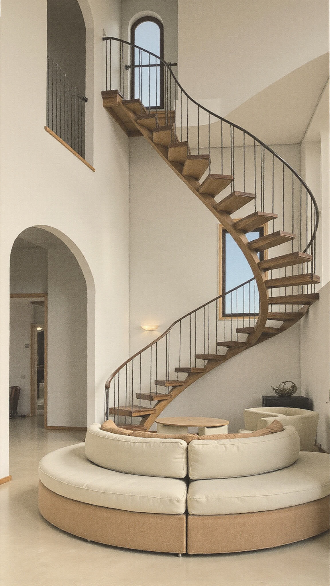 Curved architectural details of a great room with spiral staircase, floating wooden treads, arched doorways, and rounded cream bouclé seating, lit dramatically from the side.
