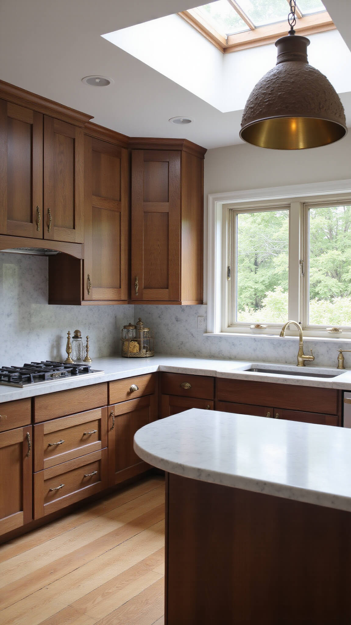 Artisanal kitchen with walnut cabinetry, brass hardware, veined marble backsplash, clay pendant lights, and skylight-lit curved island.