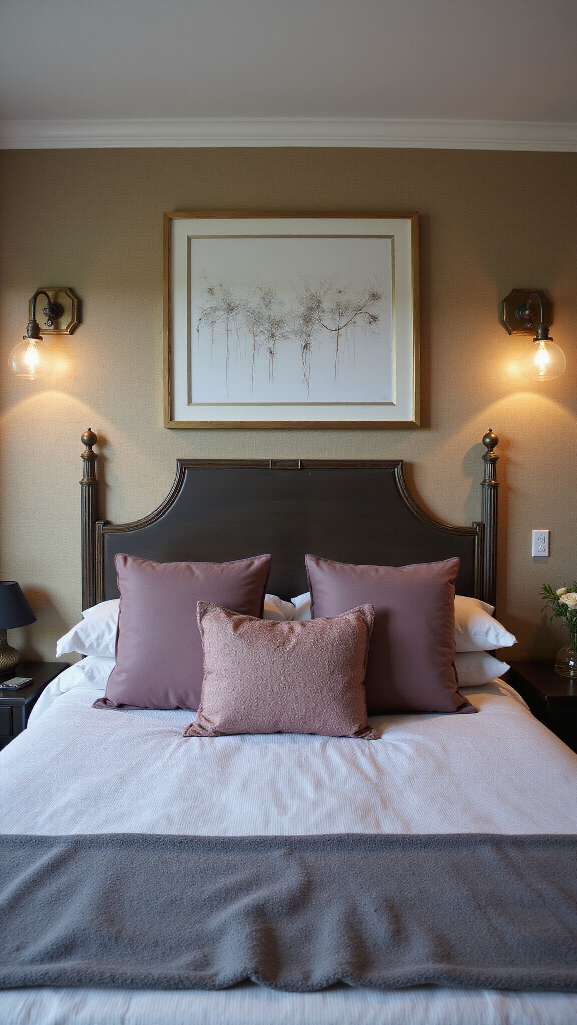 Eclectic primary bedroom with Art Deco headboard, geometric wallpaper, large modern art, mixed metals, and mauve and slate textiles at dusk.