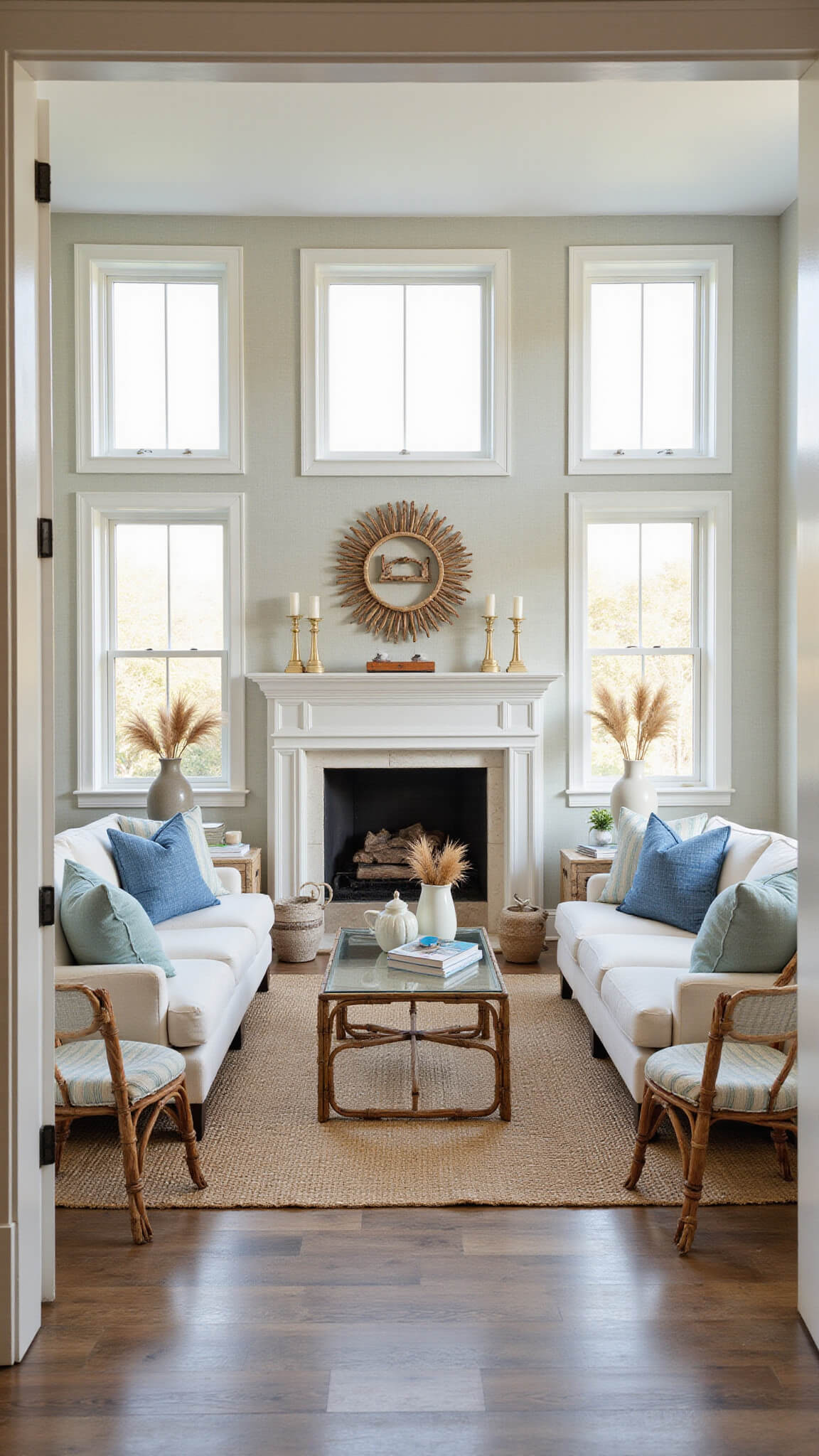 Sunlit coastal-style living room with white linen sofas, blue and beige accents, glass coffee table on jute rug, rattan chairs by a whitewashed fireplace, and driftwood art above, viewed at golden hour through floor-to-ceiling windows.