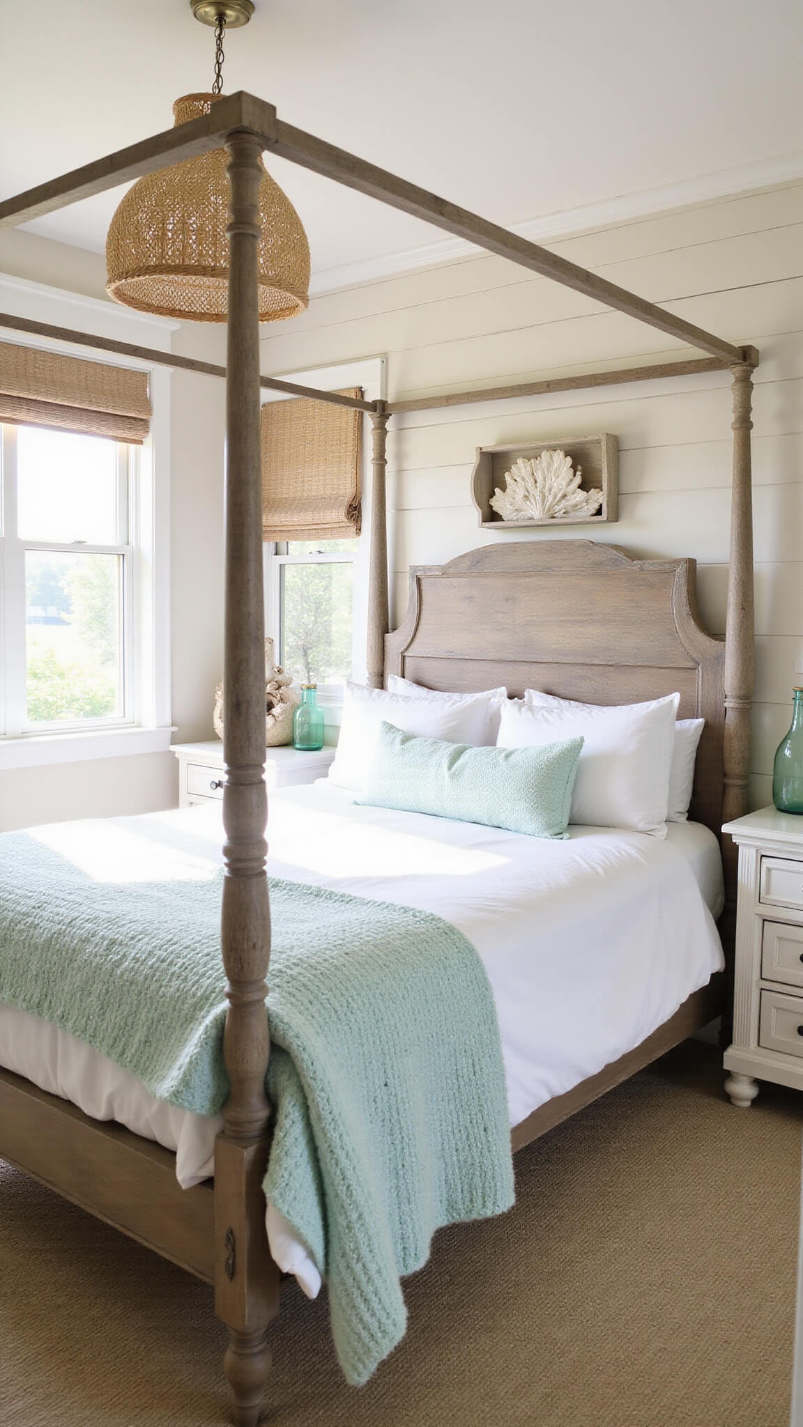 Coastal bedroom with four-poster bed, white linens, pale aqua throw, barn wood headboard, seagrass pendants, and soft morning light filtering through natural fiber shades.