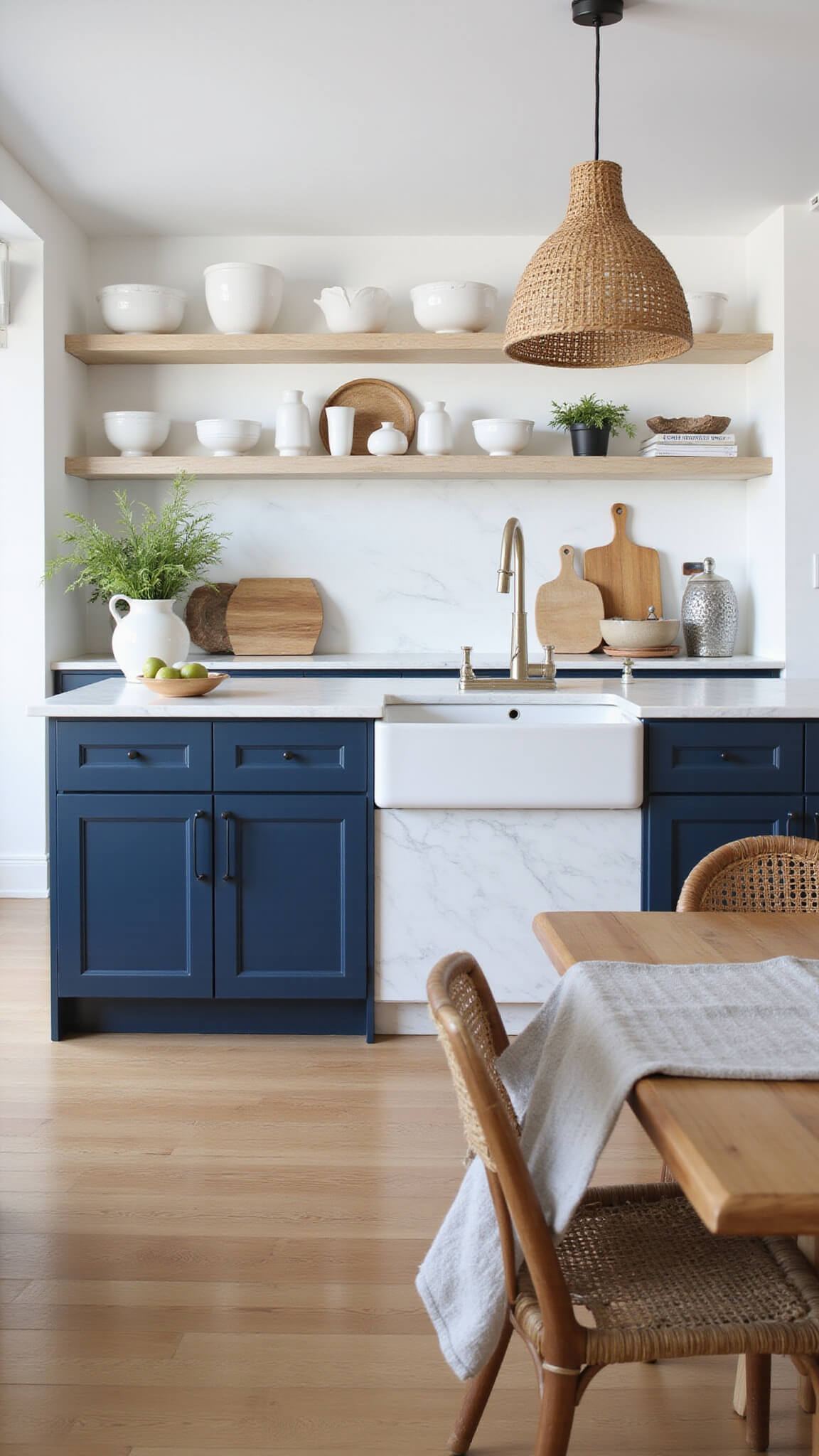 Modern coastal kitchen with navy cabinets, marble waterfall island, rattan barstools, and floating wood shelves displaying artisan pottery, photographed in bright natural light.