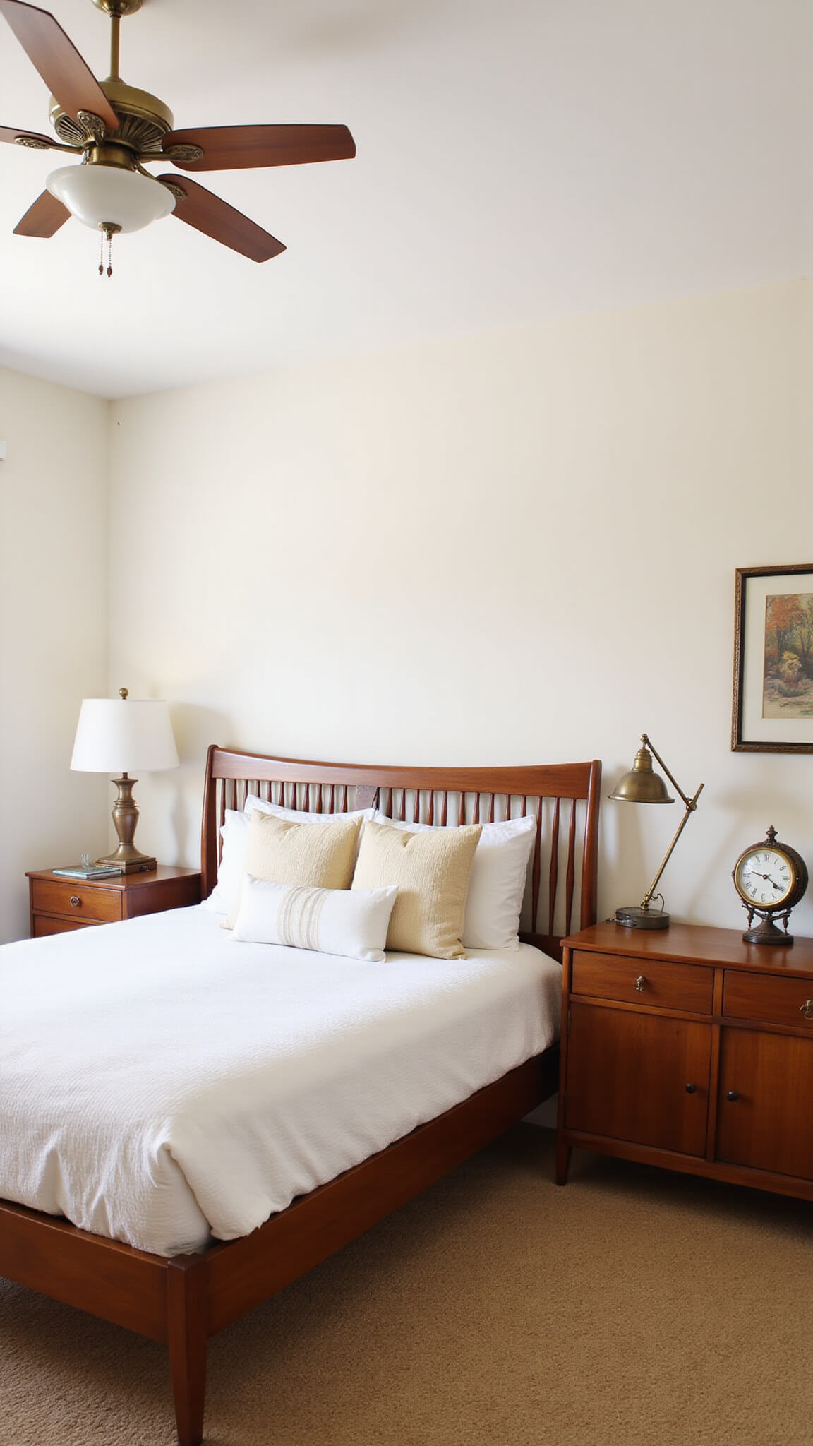 Mid-century bedroom with walnut spindle bed, floating nightstands, and morning light highlighting warm ivory, cognac, and brass tones.