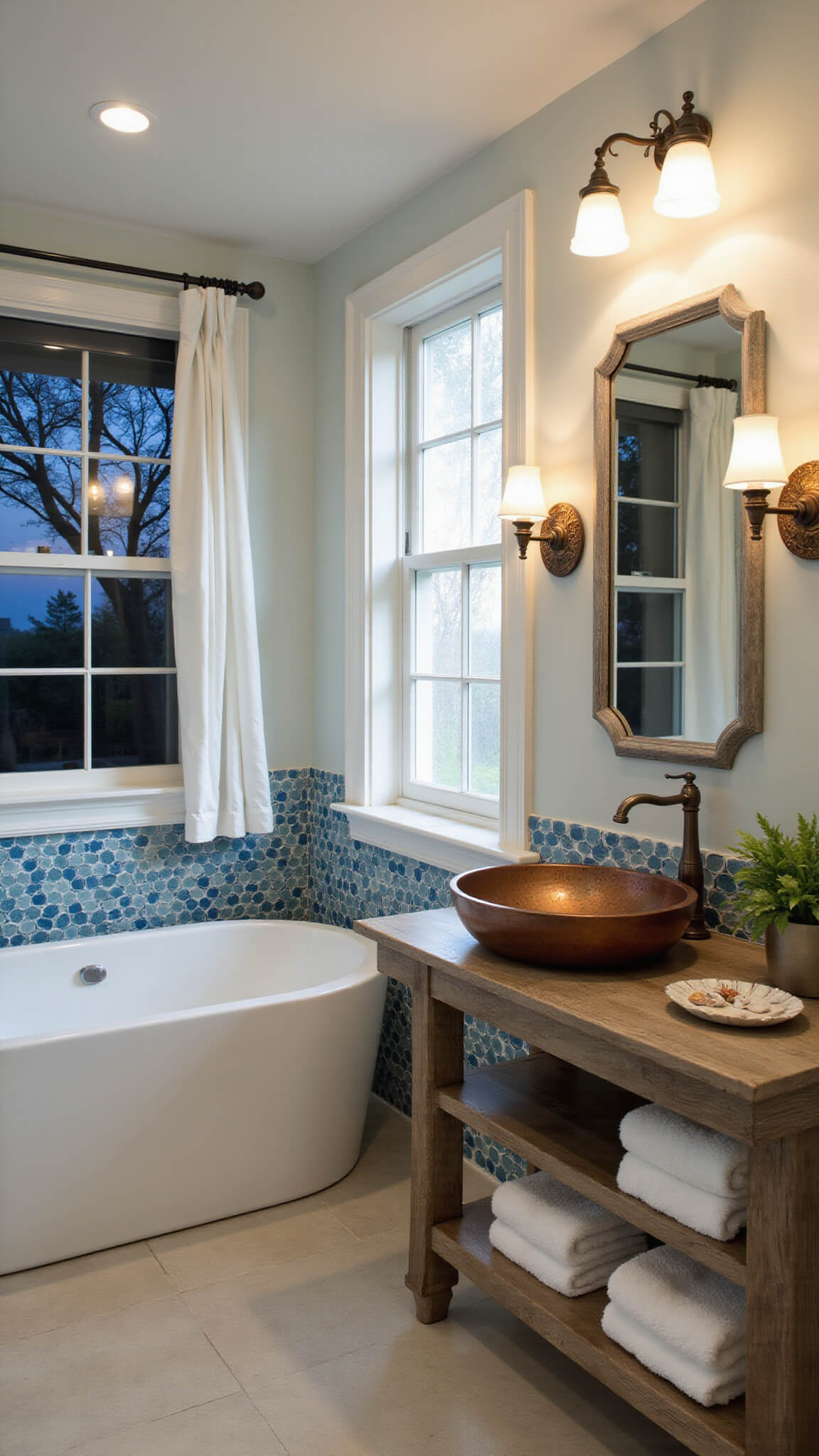 Coastal bathroom at twilight with freestanding tub, blue wave-patterned tile wall, teak vanity, and soft ambient lighting.