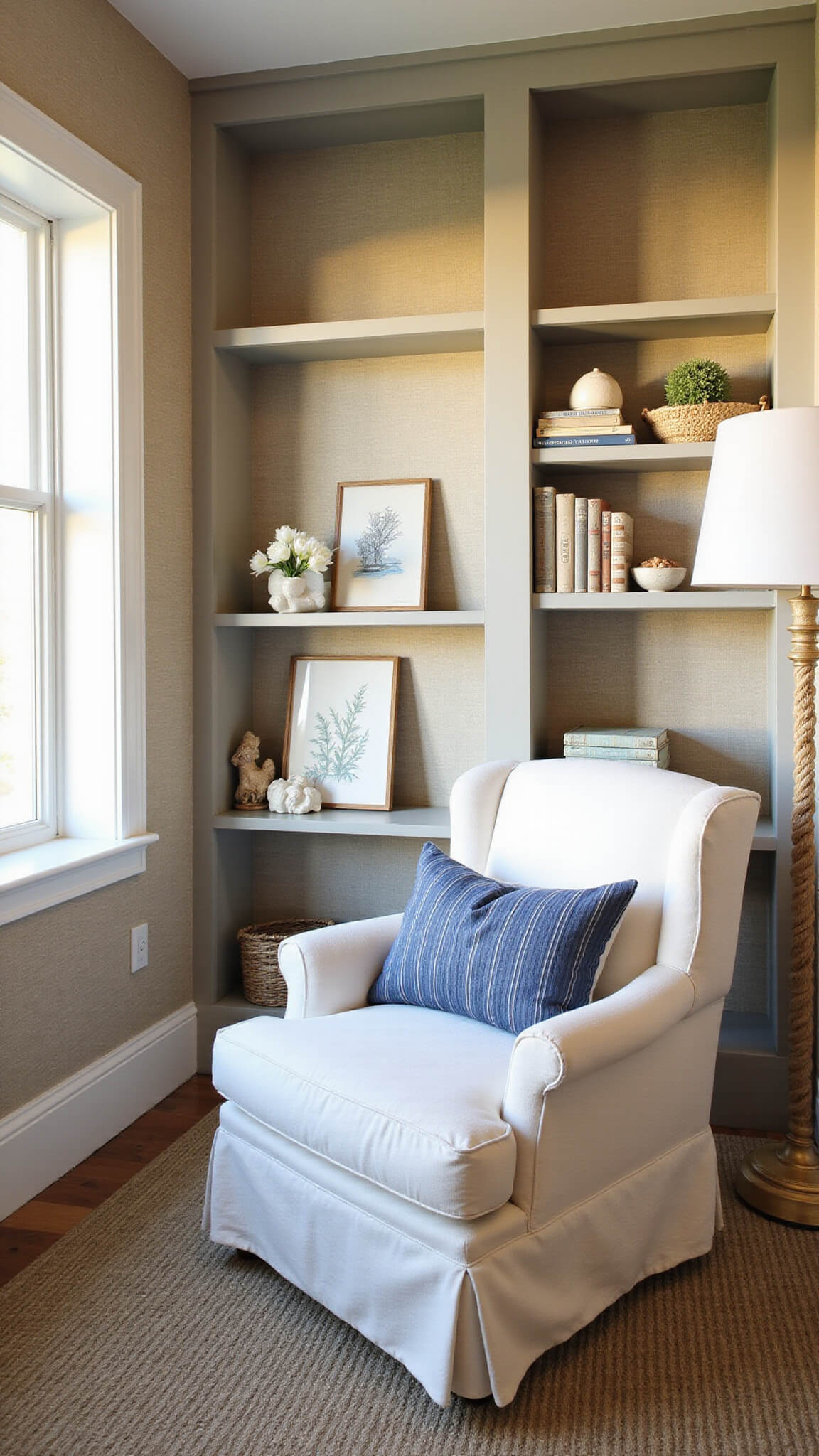 Coastal reading nook at sunset with white linen armchair, bay window, soft gray bookshelves, and warm golden light highlighting marine decor and grasscloth wallpaper.
