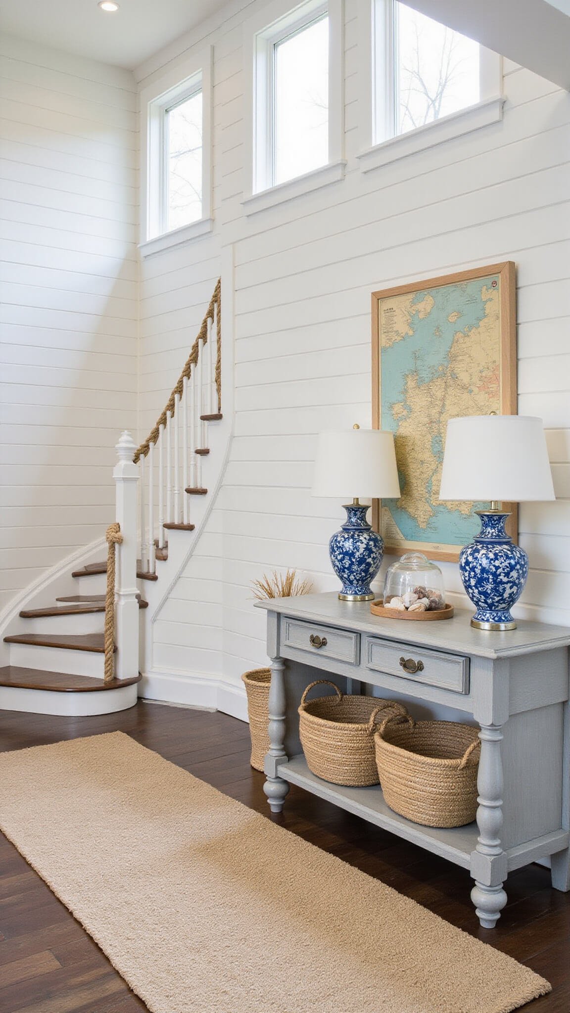 Coastal entryway with shiplap walls, spiral staircase, vintage console, and morning light casting soft shadows.